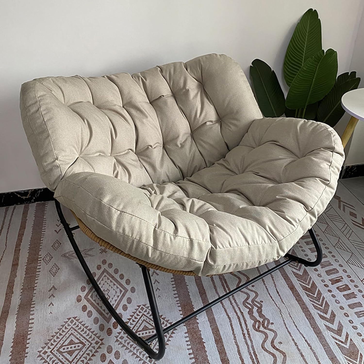 Outdoor Patio Rocking Chair, Indoor Comfy Reading Chairs Set with Oversized Cushion, Oversized Wicker Chair Padded Cushion Rocker Recliner Chair Outdoor for Front Porch, Garden (Color : Beige)