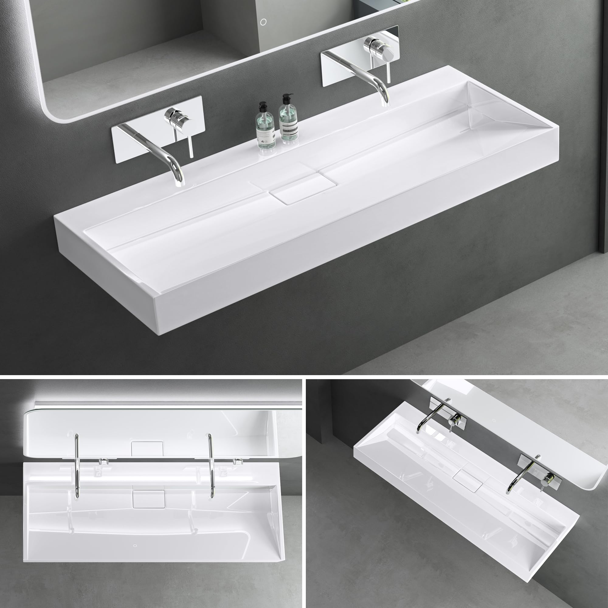 Mai & Mai Lavabo da Appoggio 120x46x11cm, Lavabo Bagno Sospeso Lavandino Bagno con Piletta di Scarico Lavabo da Minerale fuso senza Foro per Rubinetteria, Colossum19-1200OA