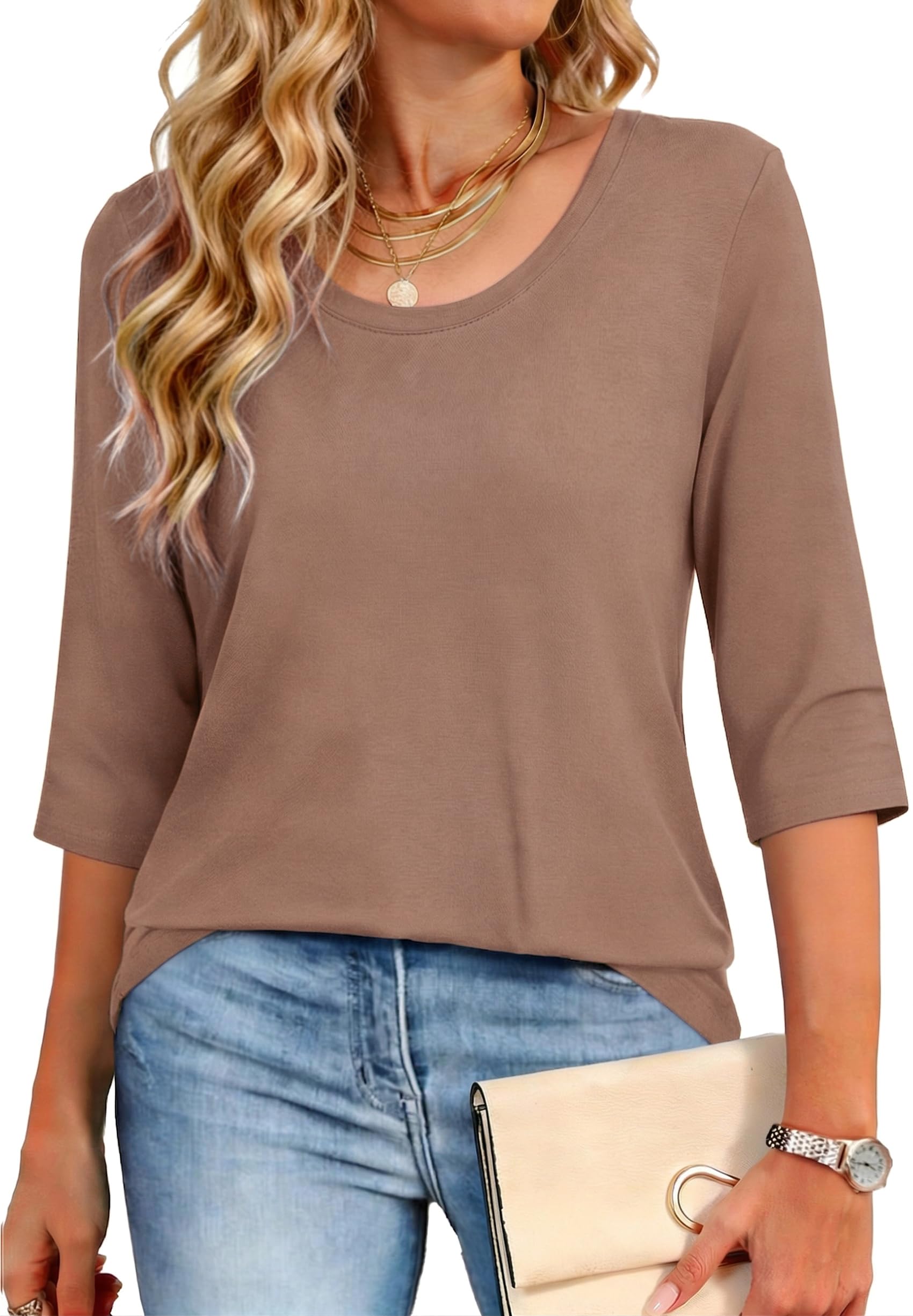 Crewhpo T Shirt Damen mit 3/4-Ärmeln Baumwolle Tunika Sommer Kurzarm Basic Tshirt Einfarbige Casual Top mit Rundhalsausschnitt Stretch Bluse Lockeres Elegant