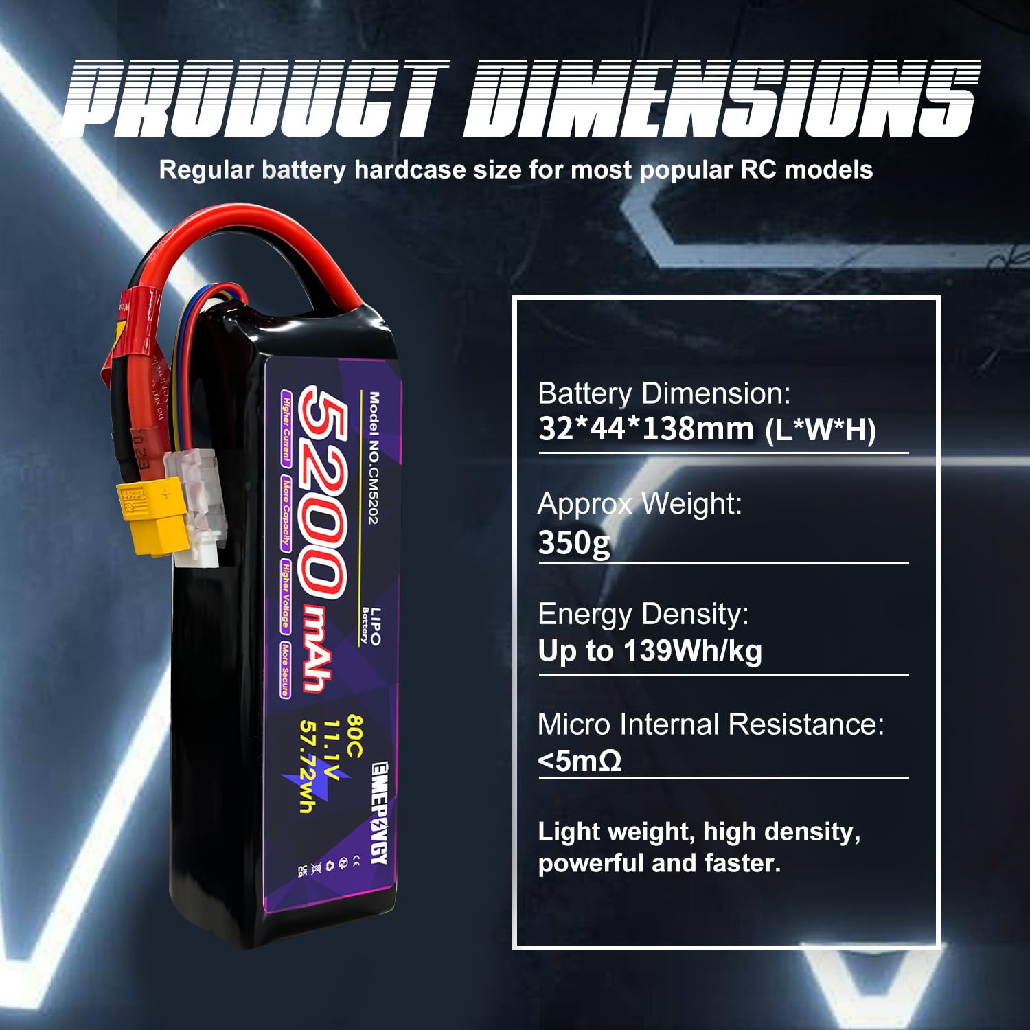 Batteria Lipo da 11,1 V 3S 5200 mAh 80C Lipos custodia morbida con connettore XT60 per auto RC, aereo, elicottero, barca, corsa, hobby radiocomandato (2 confezioni)