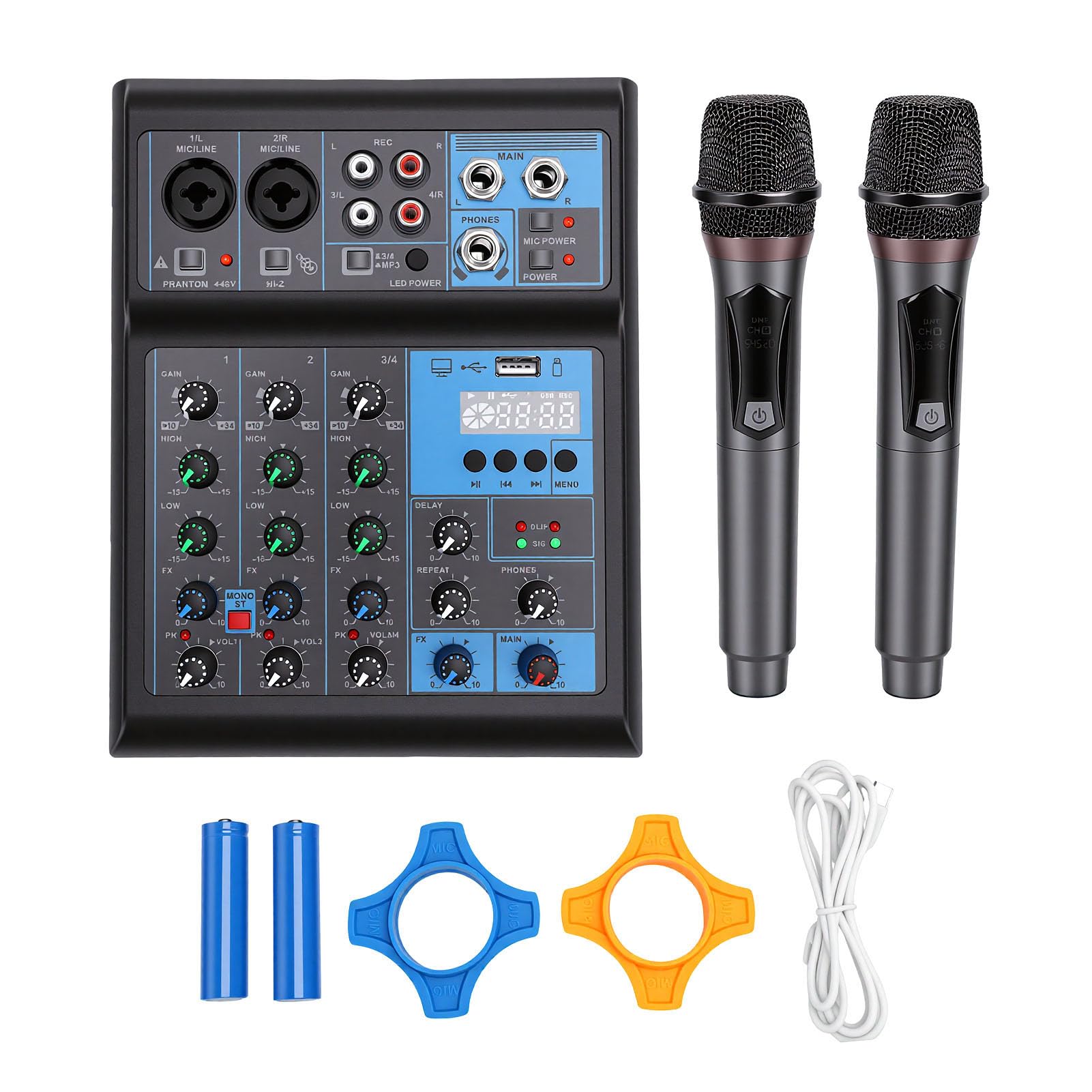 Topiky Set Microfonico Mixer Audio a 4 Canali con Doppio Microfono Wireless UHF, Scheda Audio Professionale Console di Mixaggio DJ, Console di Mixaggio RGB con Alimentazione 48V per