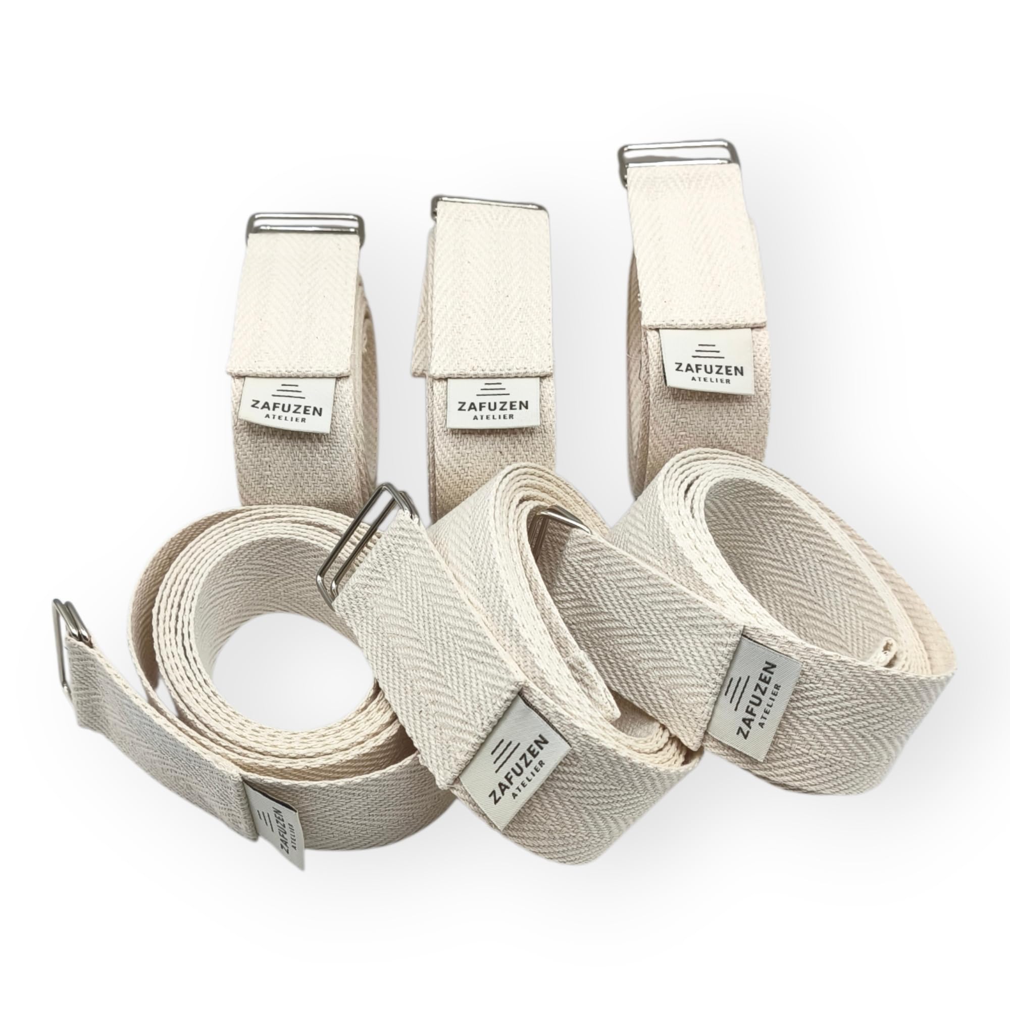 Set da 6 Cinghie Yoga Non Elastiche con Doppia Fibbia, 250 × 4 cm | Set da 6 cinghie in cotone biologico, nastro spesso e doppia fibbia metallica. Per yoga e stretching. Prodotte in Spagna.