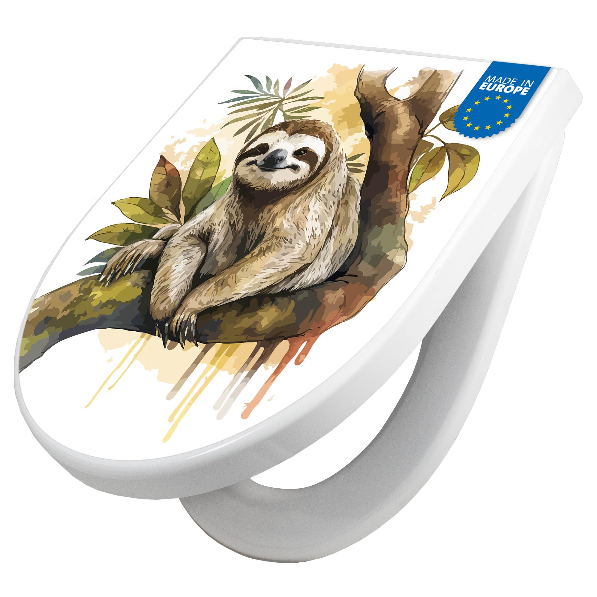 banjado WC Sitz mit Absenkautomatik D Form - Toilettendeckel mit Absenkautomatik D Form - Klodeckel Softclose - stabile Klobrille - Toilettensitz Weiß - Motiv Faultier mit Blütenmähne