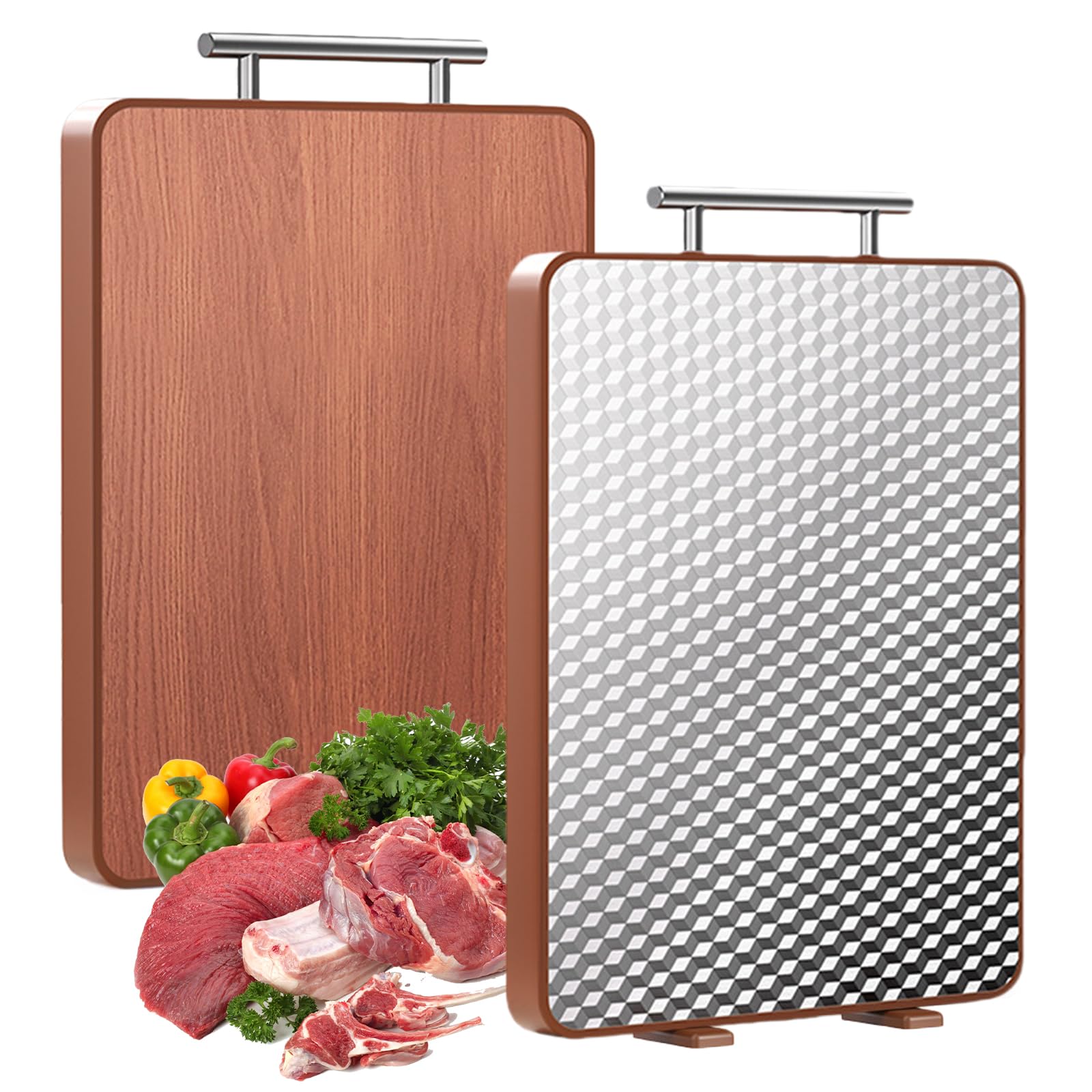 Planche à Découper Double Face Acier Inoxydable Palissandre 2 en 1 pour Viande Fruits Poisson Légumes