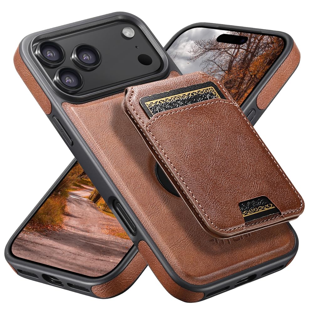 Skórzane etui na iPhone'a 17 Pro Max/17 Pro/Air/17, magnetyczny odpinany uchwyt na karty, etui z podstawką i logo. Widok biznesowy.