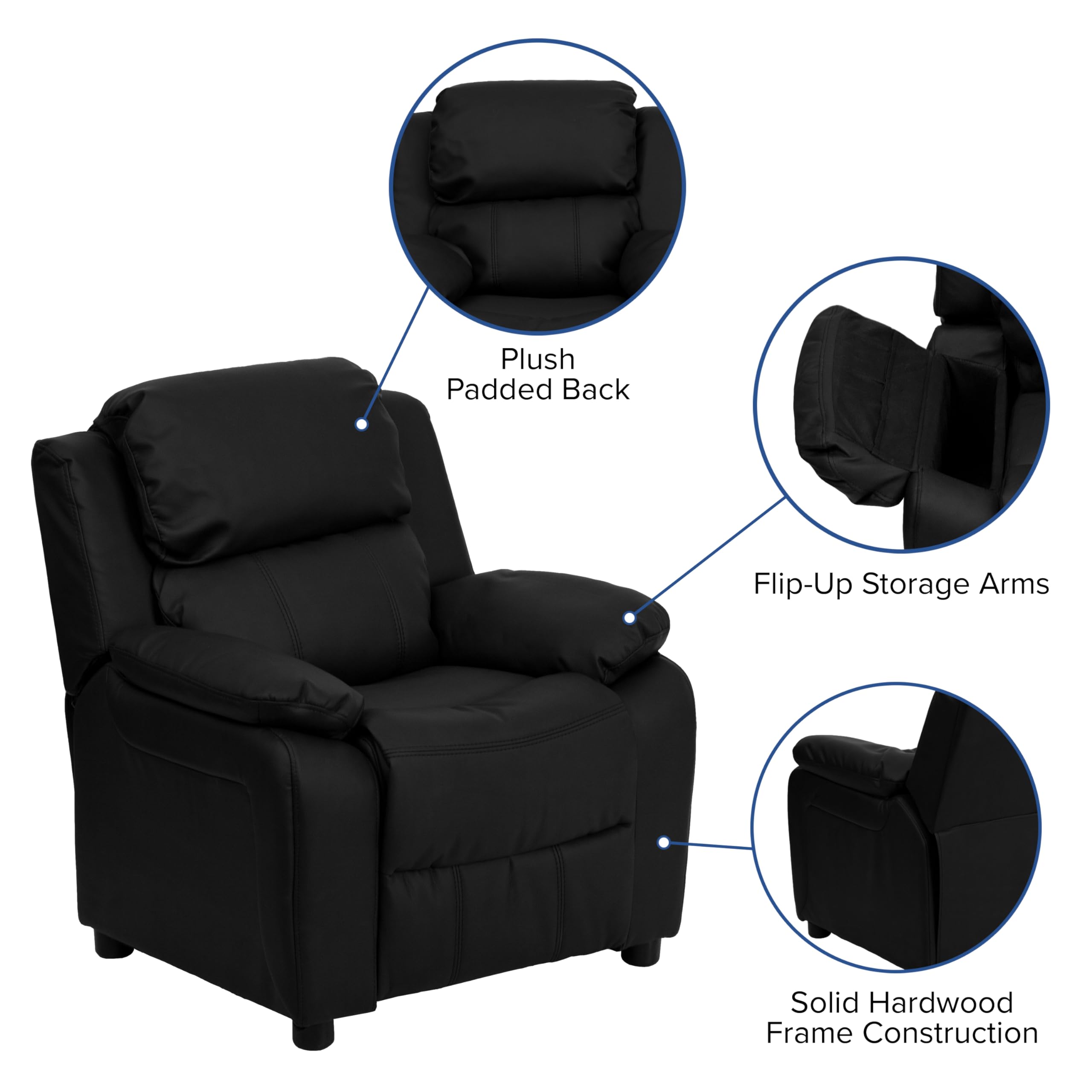 Flash Furniture Deluxe Padded Contemporary Kids Recliner with Storage Arms, Leather, Black, 66.04 x 53.34 x 53.34 cm