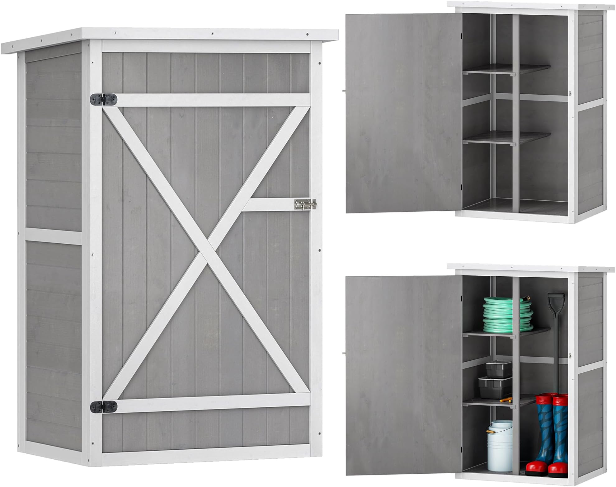 Outsunny Wooden Garden Shed, Outdoor Storage Small Shed with 2 Shelves, Sloped Roof and Bolt Latch, Compact Utility Tool Cabinet Organiser for Yard Patio Garage, 75 x 56 x 115 cm, Grey