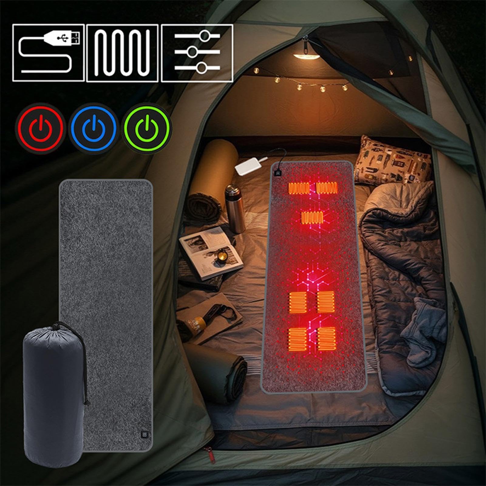Saco de dormir térmico, forro de carga USB, fieltro de 3 niveles