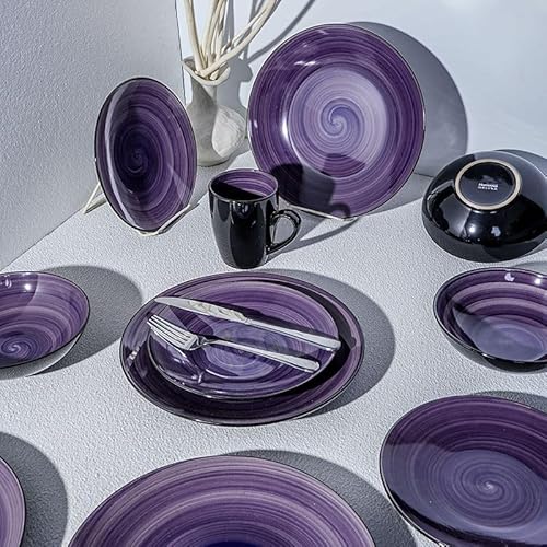 【yakedoworks】 和モダン 釉下彩 バイオレット 渦巻き 食器セット b器 高温焼成 電子レンジ可 オーブン可 食洗機可 北欧風 カフェ風 ホテルライク 毎日使い 来客 ホームパーティー 新生活 ギフト(9点/18点/24点/42点 セット) (