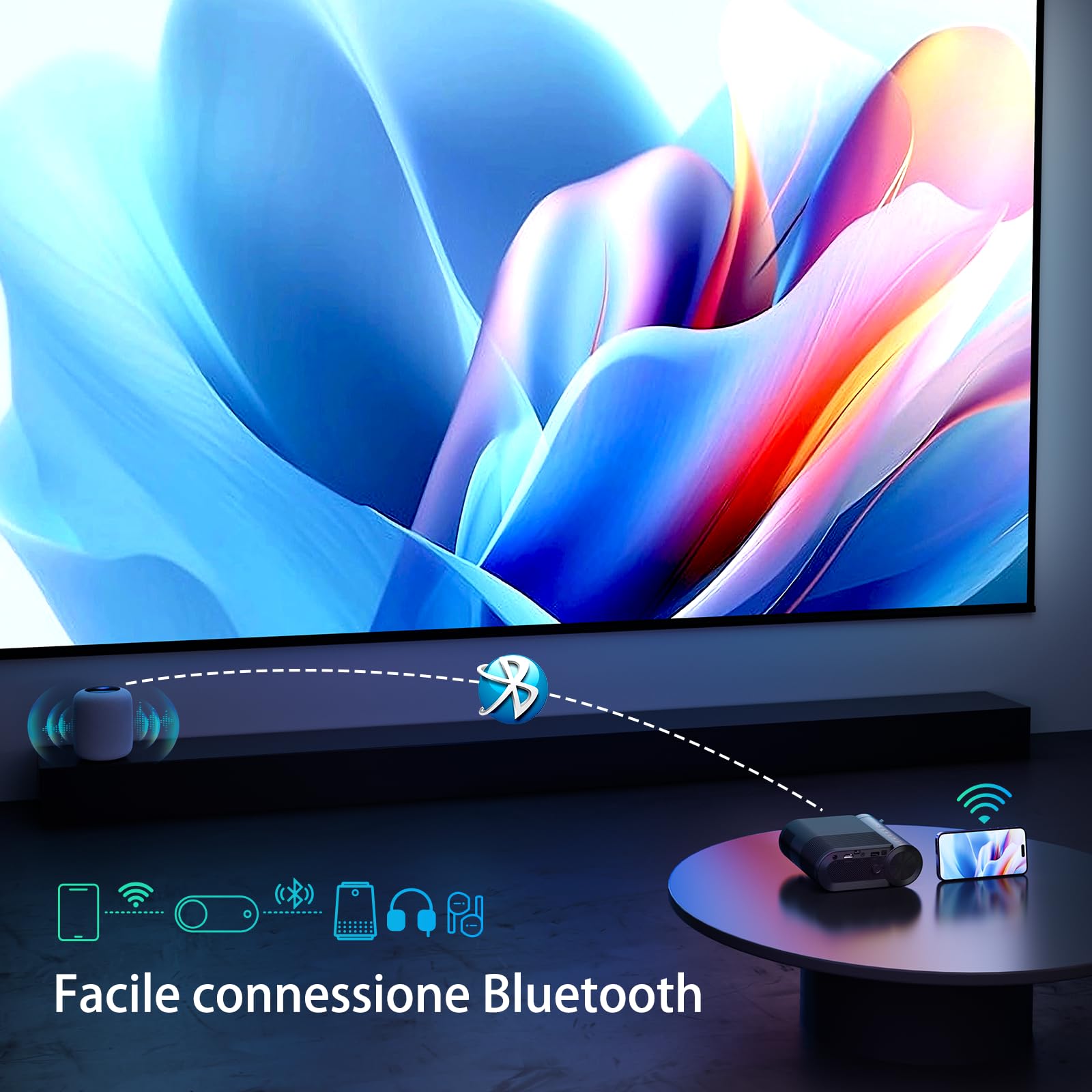 Vamvo Proiettore portatile, Videoproiettore WiFi 1080P 200” Movie Projector, Proiettore all'aperto con design elegante e snello, compatibile con telefono/tablet/laptop/TV Stick