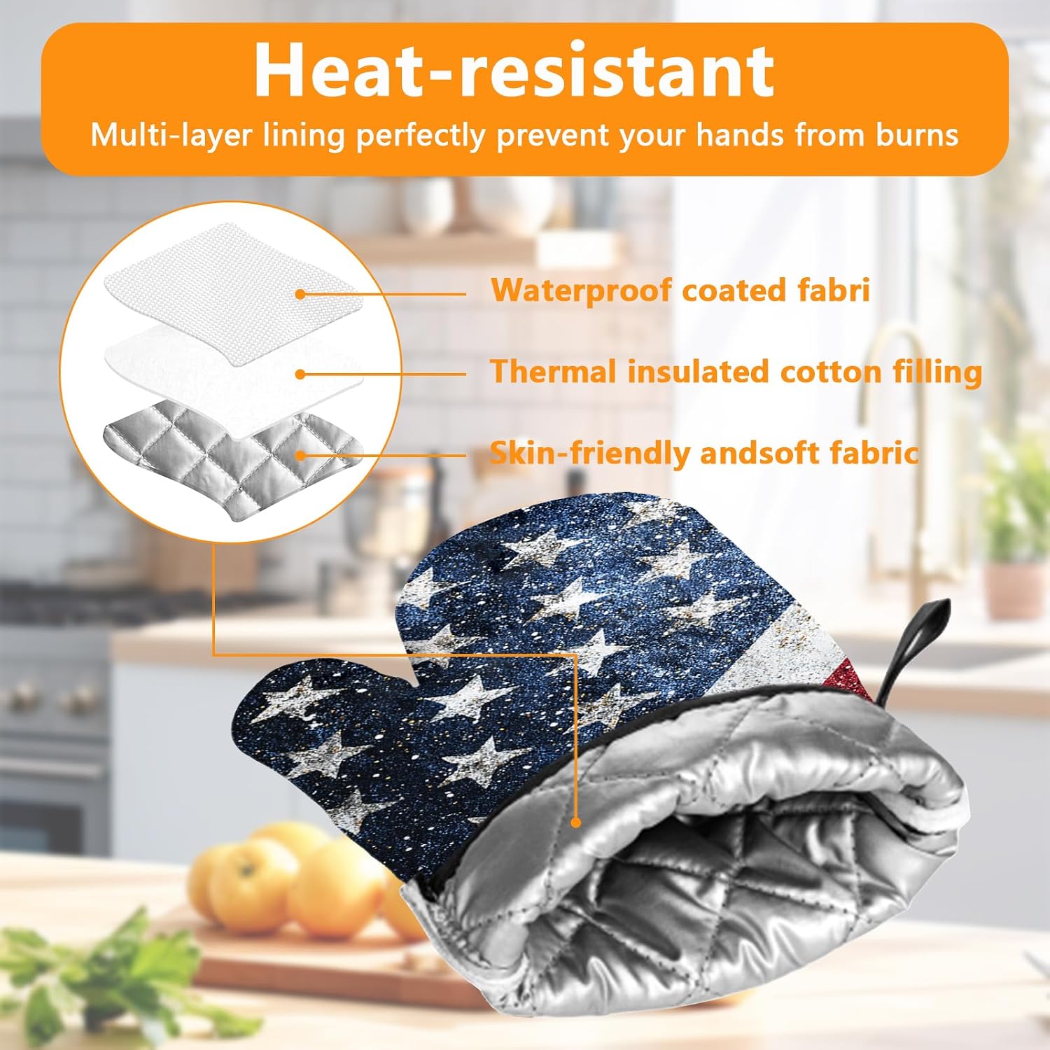 American Flag Oven Mitts and Pot Holders Sets 4Pcs Silicone Non-Slip Mitts Heat Resistant Gloves Hot Pads for Kitchen Cooking Baking Grilling BBQ