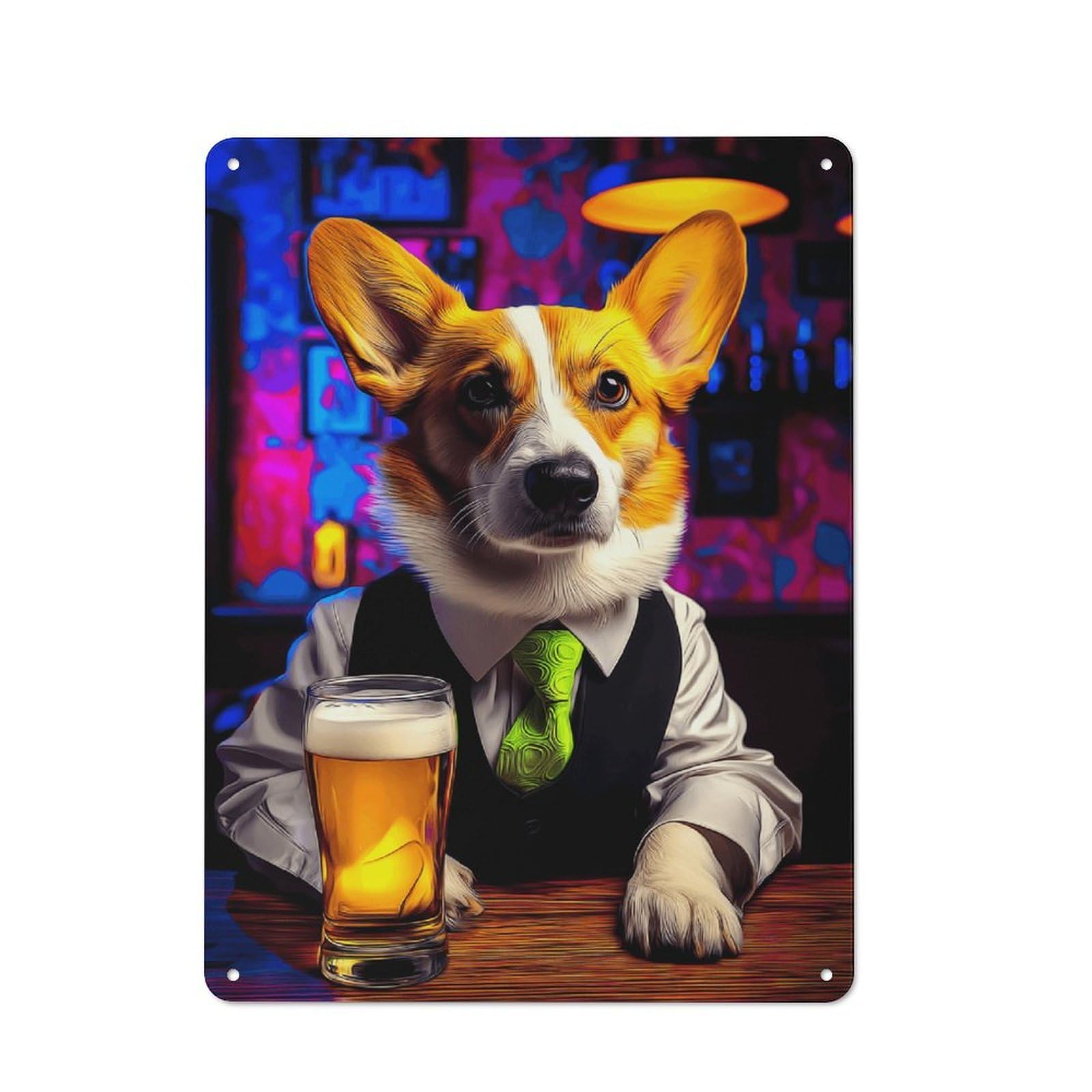 Junmoney Corgi In Suit Enjoying A Beer Metal Sign 40X30cm With For Workshop Wall, Rustic Decor, Wall Decoration For Workshops And Hobby Rooms