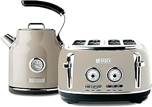 Haden Dorset 4 Slice Wide Slot Stainless Steel Toaster Bundled with 1.7 Liter Stainless Steel Electric Kettle with 360-Degree Base, Putty & Chrome