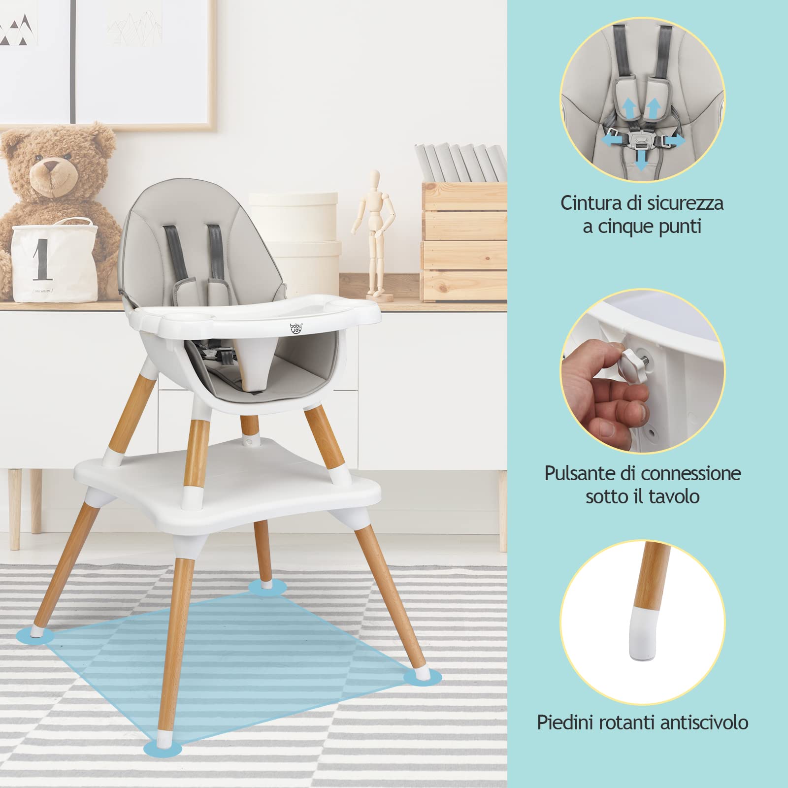 RELAX4LIFE 6 en 1 Trona para Bebés con Bandejas Dobles Extraíbles, Arnés de Seguridad de 5 Puntos, Patas de Madera Haya, Cojín Extraíble, Trona para Bebés 6-36 Meses (Gris)