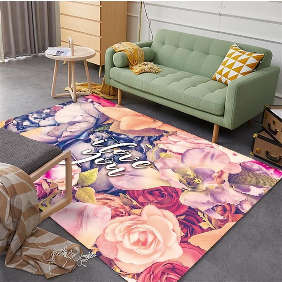 Tapis balcon exterieur et chambre fleuri rose lavable anti dérapant 120x170