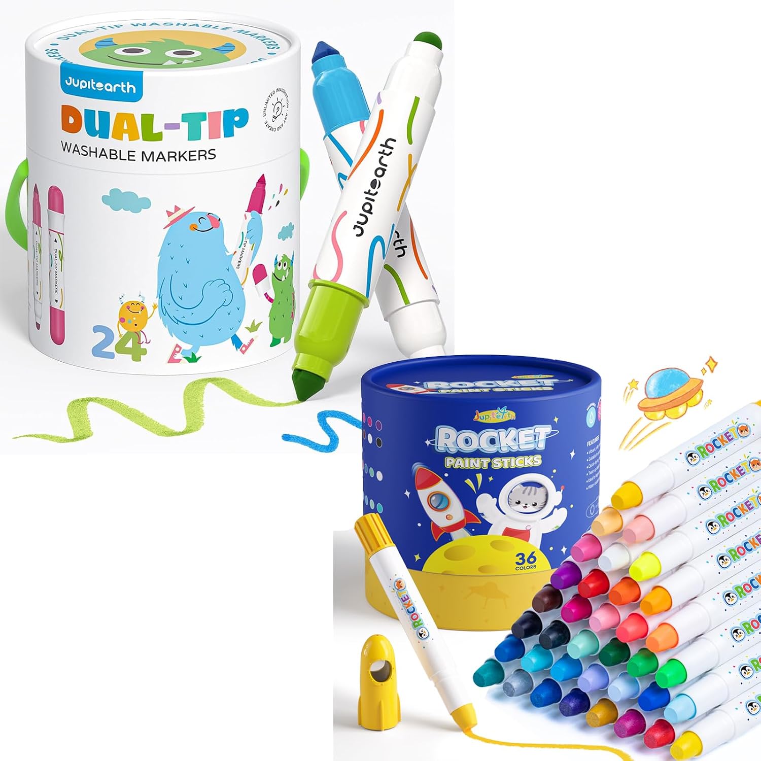 JUPITEARTH 24 Colors Washable Dual Tip Markers for Kids, Broad & Round Tip + 36 Colors Washable Rocket Tempera Paint Sticks for Kids, Non-Toxic and Quick Drying