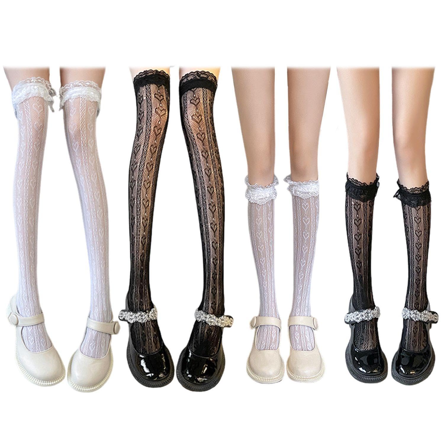 UBSIUH 4 Pairs Of Knee-Length Lace Socks, Women'S Lolita Lace Socks, Transparent Mesh Stockings, Girls Decorative Socking, Fashion Trend Sock.