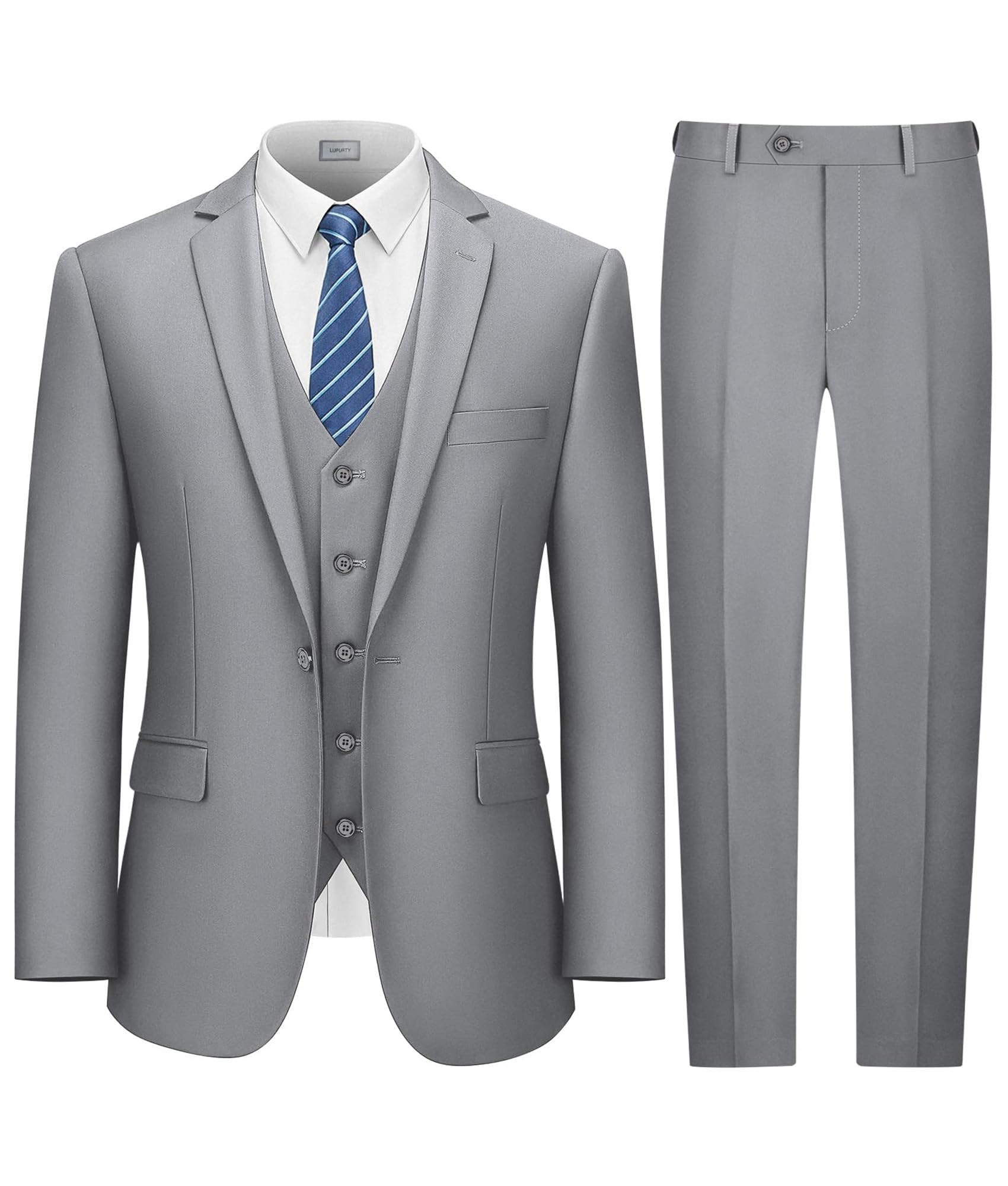 Photo 1 of LUPURTY Suits for Men, 3 Piece Men's Suit Slim Fit, Solid Jacket Vest Pants with Tie, One Button Tuxedo Set for Business, Wedding, Light Grey 4XL
