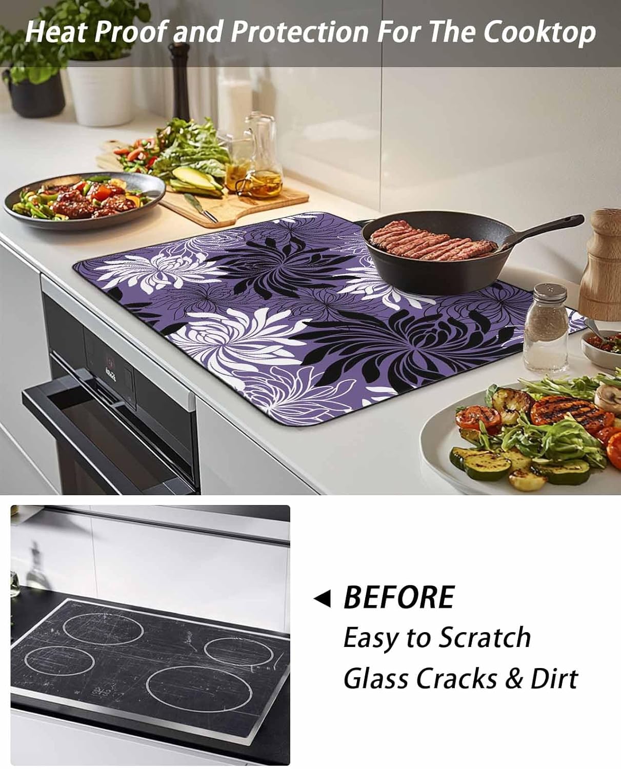 Stove Top Cover Chrysanthemum Stove Cover for Electric Stove Top Vintage Purple Black Floral Glass Cooktop Covers Anti-Slip Mat Heat R esistant Countertop Protector Kitchen Decor 28.5"x20.5"