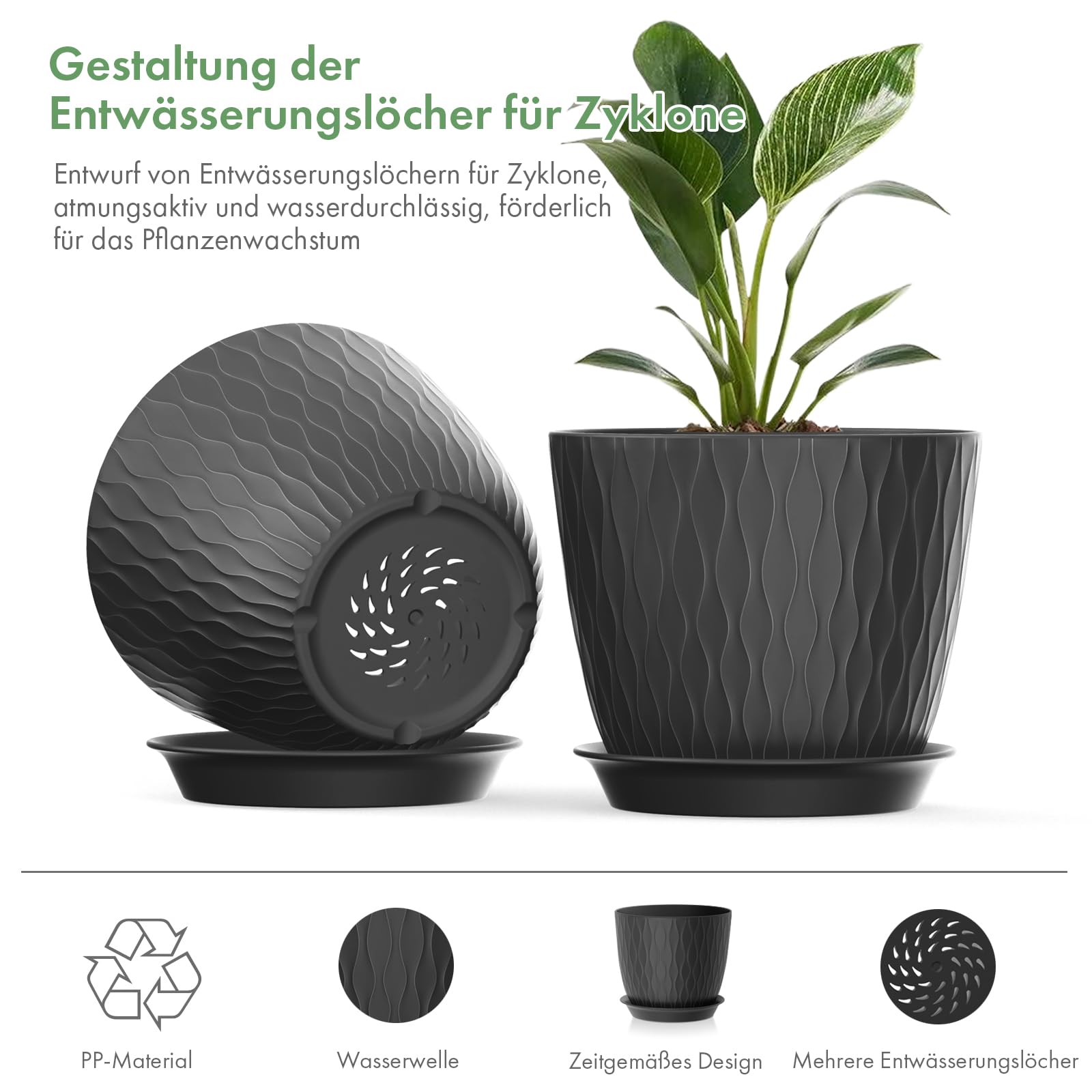 Homeuouz 5 Packs Blumentopf mit Bewässerungssystem, 20.3cm Pflanzentopf mit Bewässerungssystem, Übertopf mit Untersetzer, Blumentöpfe Set Ideal für Innen und Balkongärten, Schwarz