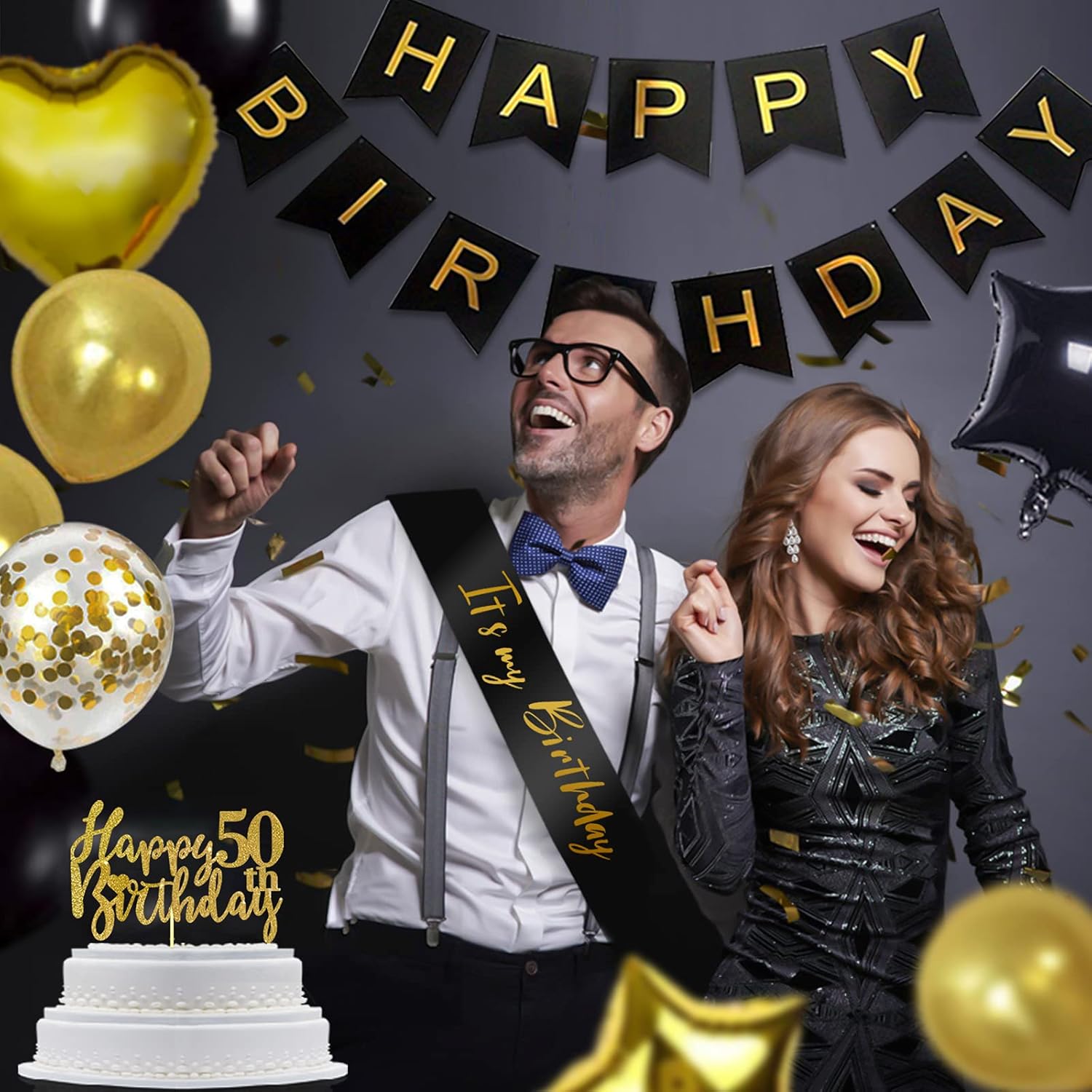 Black and Gold Happy 50th Birthday Party Decorations, Jumbo Number 50 Foil Balloon, 50th Birthday Sash Cake Topper Banner Balloons, Black and Gold 50th Birthday Party Supplies : Toys & Games