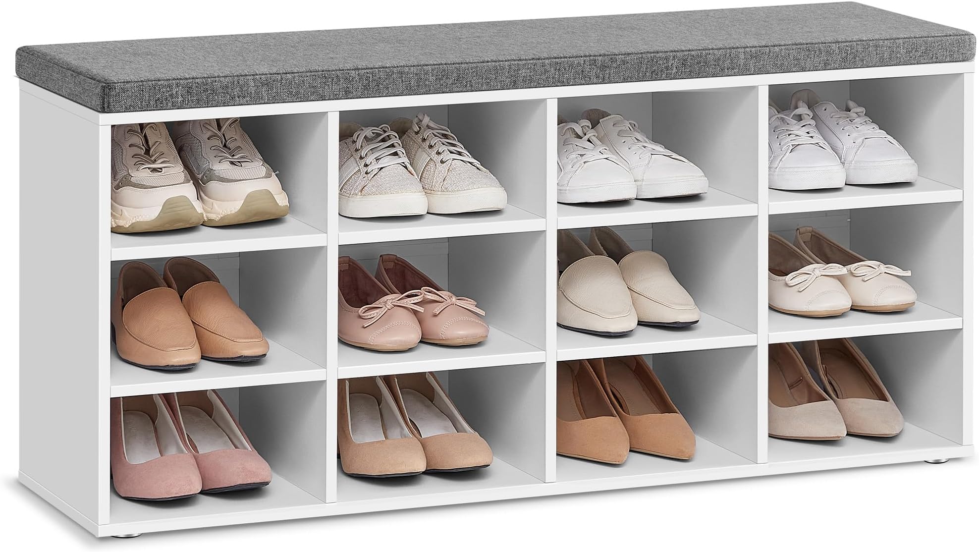 VASAGLE Shoe Bench, Storage Bench with Padded Seat, with Cushion, 12 Compartments, Adjustable Shelves, for Living Room, Hallway, 30.3 x 104 x 48 cm, Cloud White LHS012W14