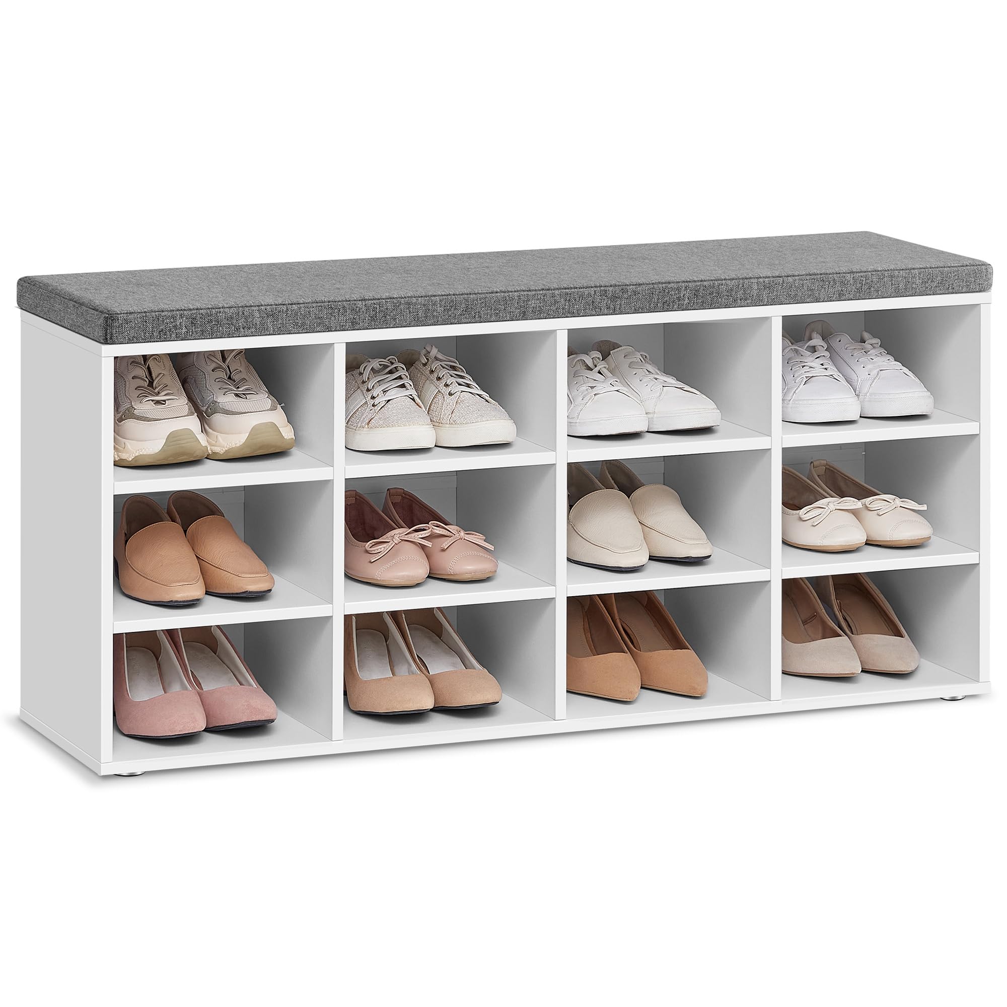 VASAGLE Shoe Bench, Storage Bench with Padded Seat, with Cushion, 12 Compartments, Adjustable Shelves, for Living Room, Hallway, 30.3 x 104 x 48 cm, Cloud White LHS012W14