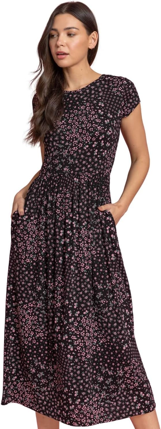 Roman Midi Dress with Pockets for Women UK Ladies Stretchy Jersey Maxi Long Short Sleeve Elasticated Gathered High Waist Boho Flattering Skater Swing Fit Flare