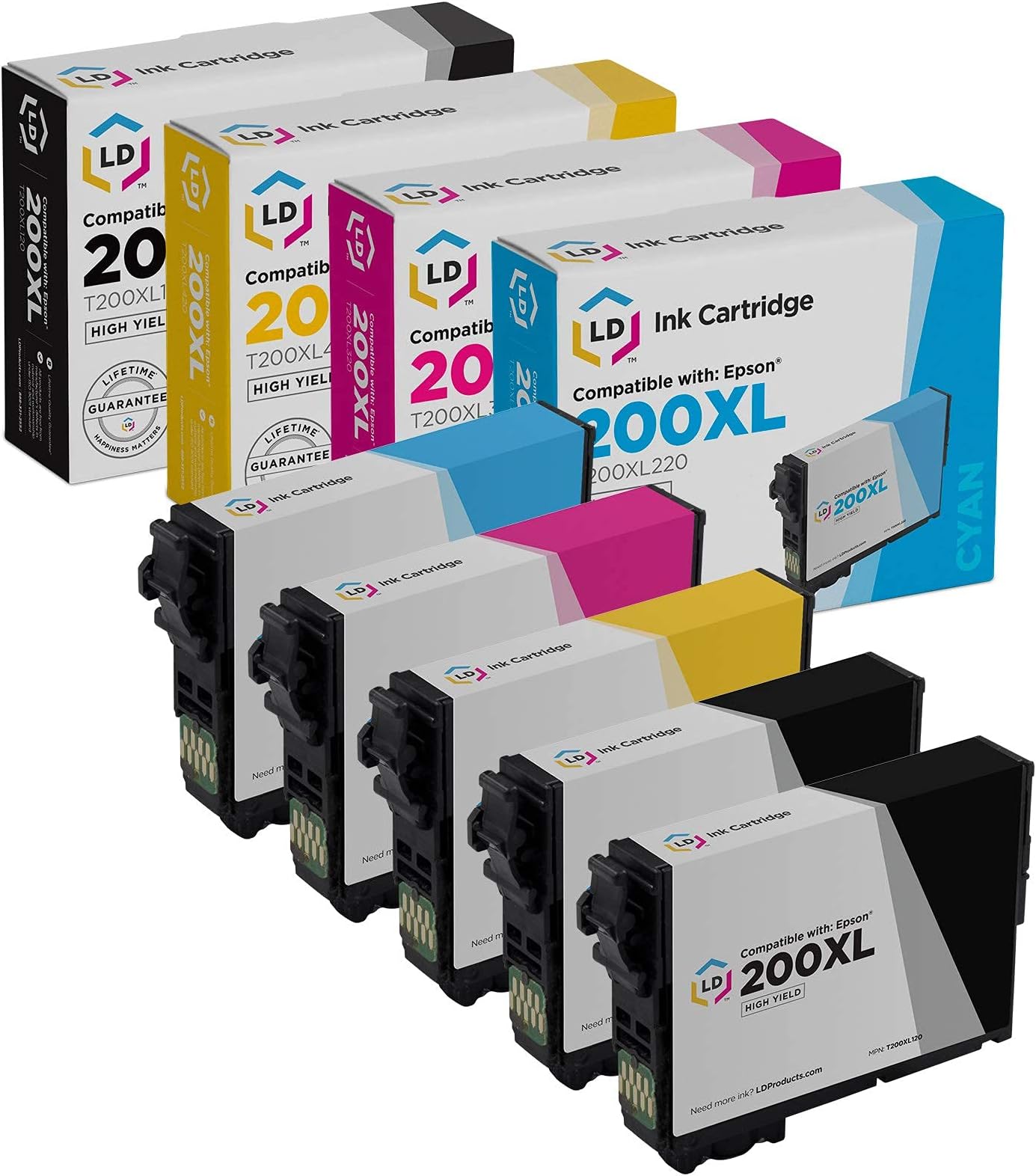 Remanufactured Epson 200 / 200XL / T200XL Set of 5 HY Ink Cartridges (2 Black, 1 Cyan, 1 Magenta & 1 Yellow) for Expression XP-200, XP300, XP-310, XP-400, XP-410 & WorkForce WF-2520, WF-2530