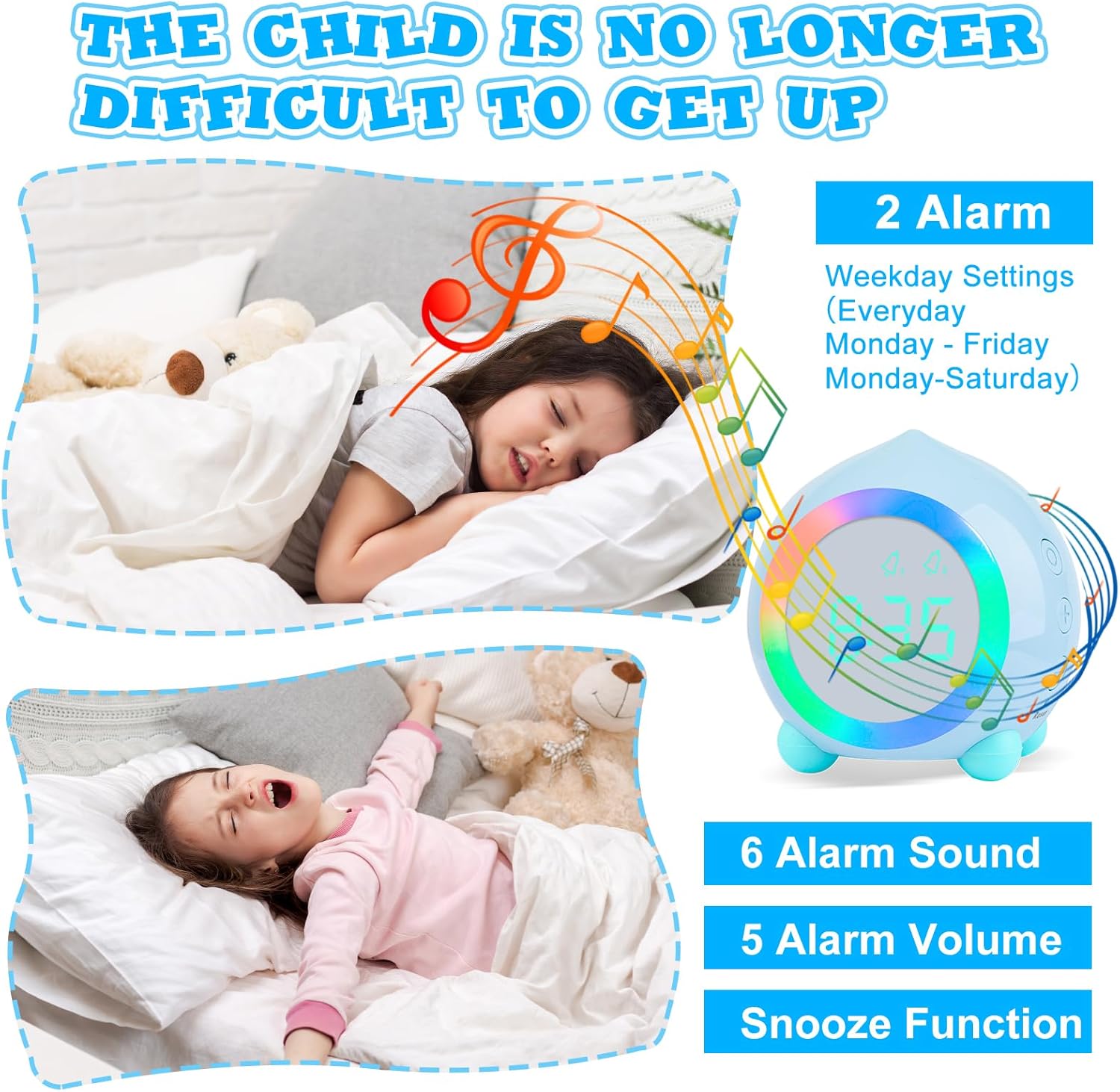 Image depicting a child sleeping and then waking up, illustrating the alarm and snooze functions of the Ayybboo Kids Digital Alarm Clock.