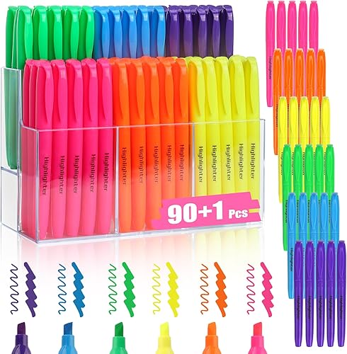 Paquete de 90 resaltadores de 6 colores surtidos con soporte de resaltador de 6 secciones, resaltadores de punta de cincel, resaltadores a granel,