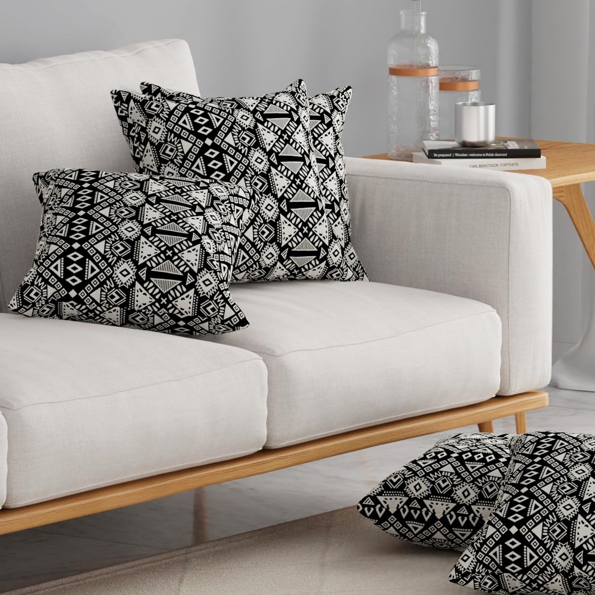 HUESLAND Premium Cotton Cushion Cover 16 x 16 inch Set of 5 | Decorative Throw Pillow Covers for Sofa, Living Room & Bedroom | Geometric Black