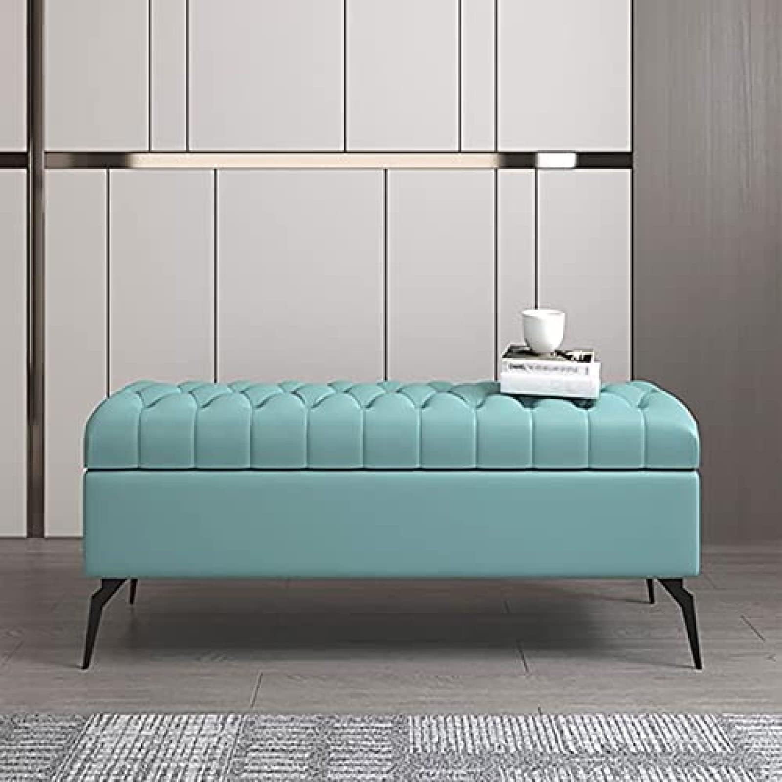 Pouf de rangement rectangulaire en bois massif noble et assise cuir de style