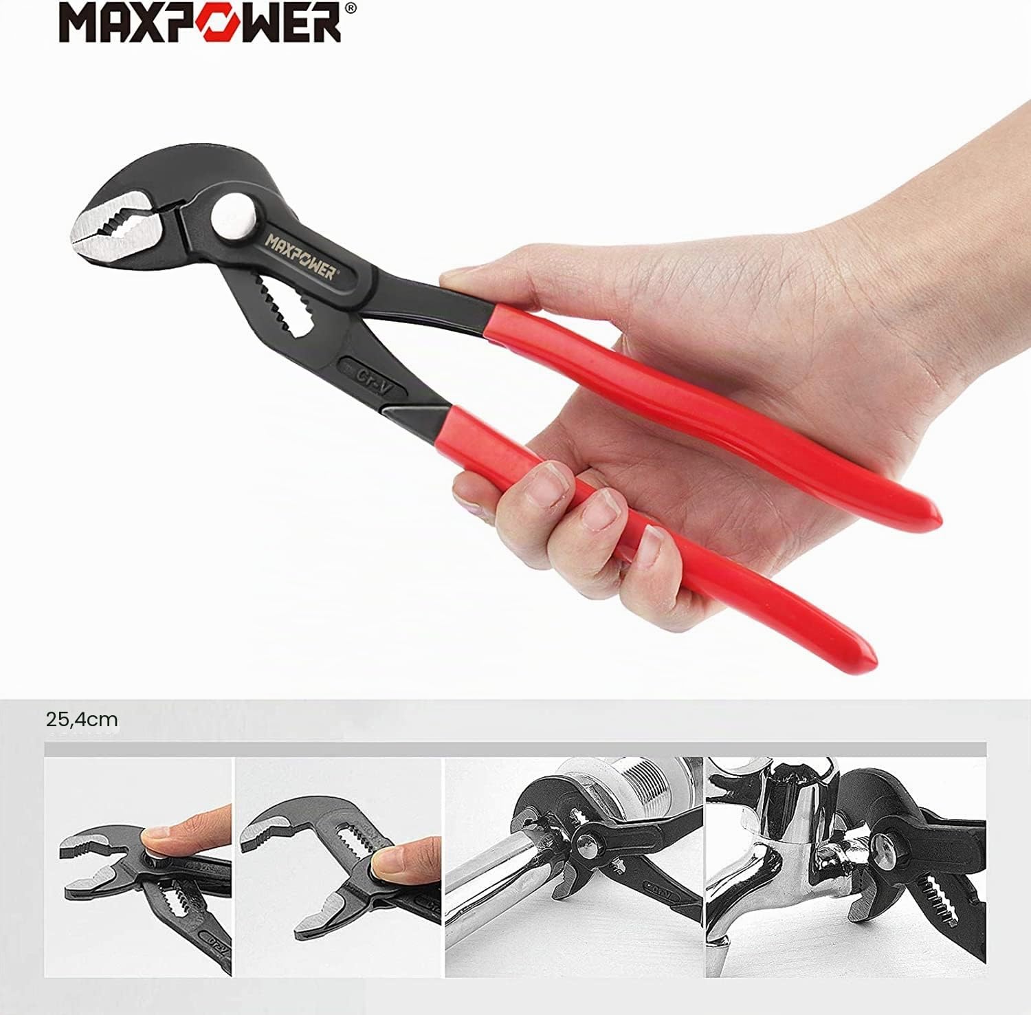 MAXPOWER Jeu de 3 Pinces Multiprises de Pointe 175 240 415 mm Acier Cr-V Réglage Rapide Bouton-Poussoir Antidérapante Durable Noir Rouge