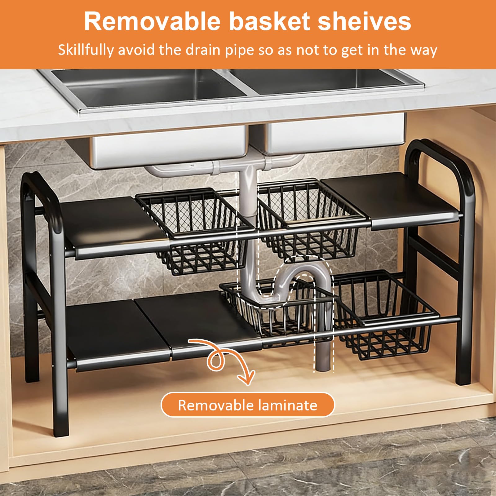 Organizer per armadio a 2 ripiani, regolabile in altezza, larghezza estensibile (68-91 cm), con 4 cesti rimovibili, pareti laterali rimovibili, organizer per armadio per cucina e bagno