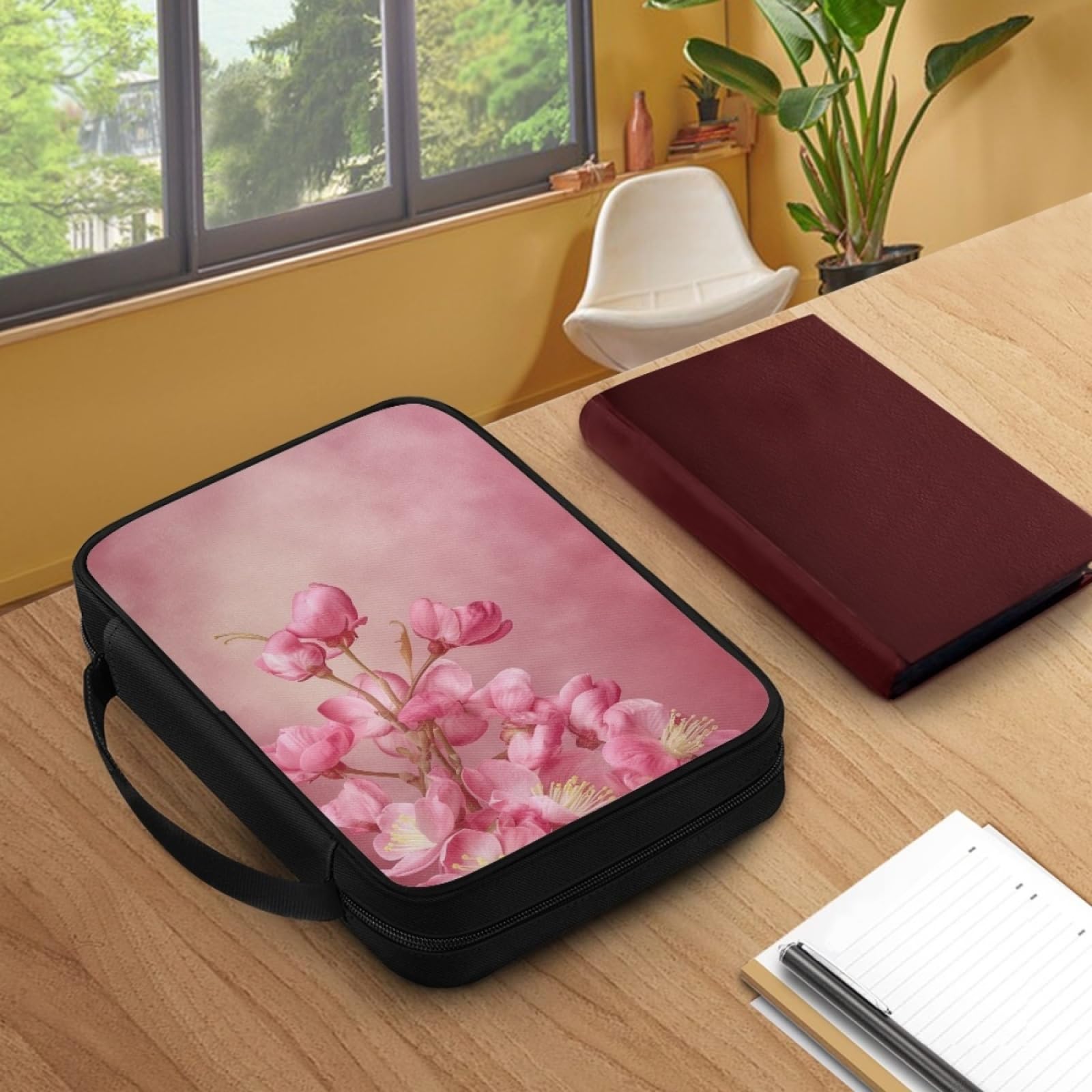 Custodia Libro Fiore Elegante Rosa Copertura Bibbia con Manico Cerniera Tela in Poliestere per Uomo Donna Porta Libro Grandi Capacità Custodia per Libri 27.5x22.5x5.5 cm
