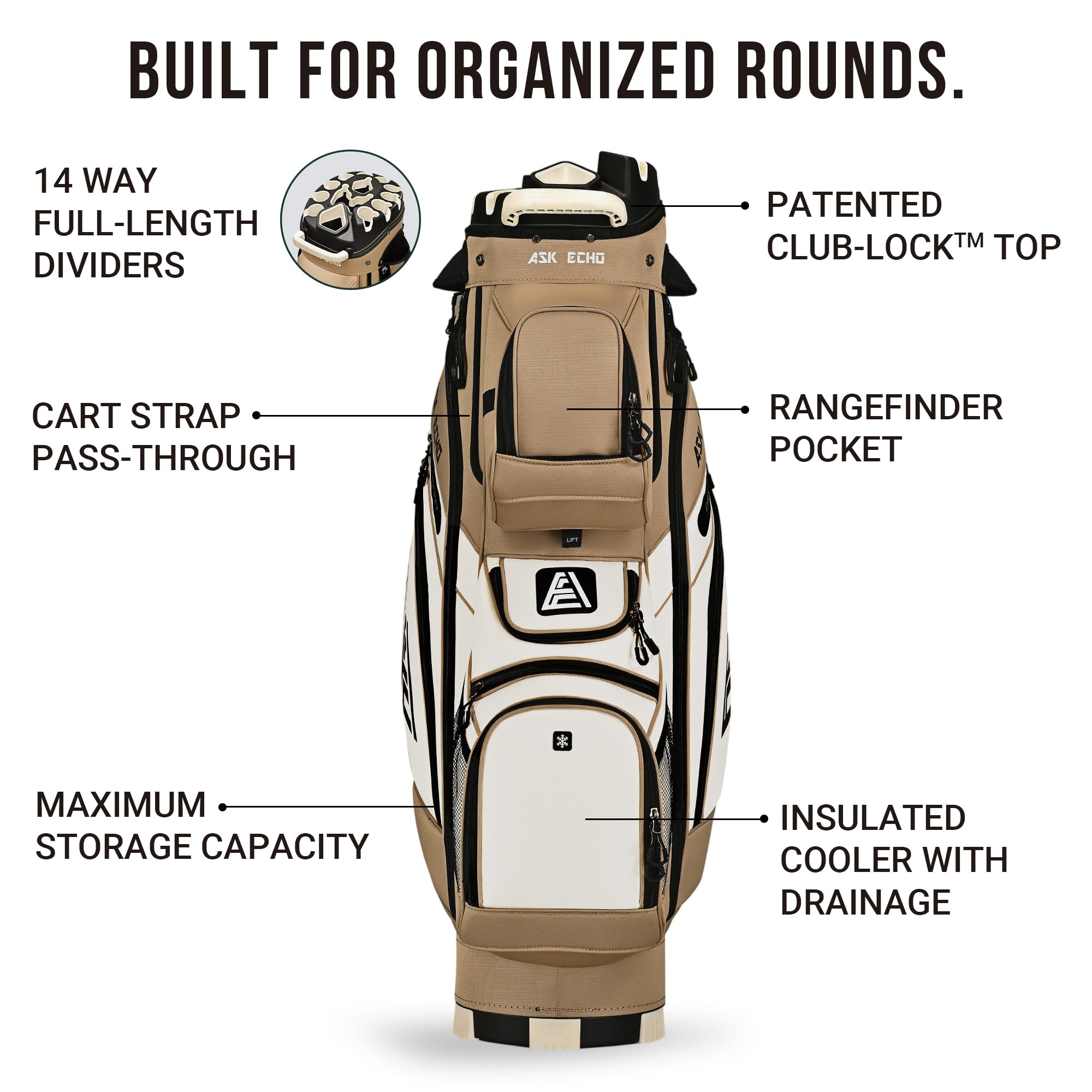 ASK ECHO T-Lock Golf Cart Bag with 14 Way Organizer Divider Top