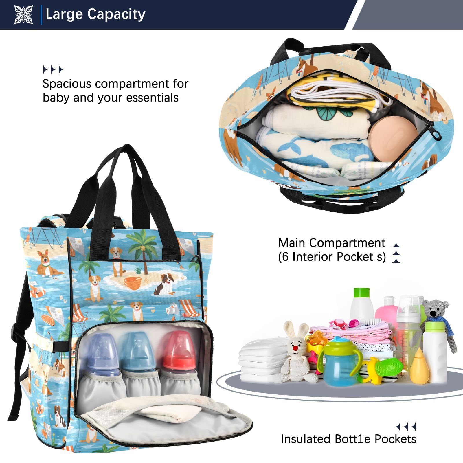 Mnsruu Borsa per pannolini per cani per vacanze estive zaino grande borsa impermeabile per pannolini da viaggio per mamme e papà