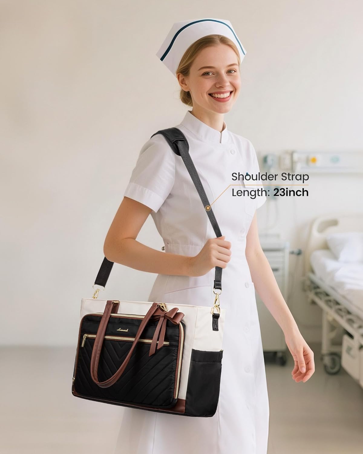 LOVEVOOK Lunch Bag, Tote Bag for Women with Insulated Lunch Compartment, Laptop Bag with Large Capacity & Cup Holder, Work Tote for Teacher, Nurse, Travel, College, Daily, Black-Beige-Brown, 17.3 Inch - Image 6