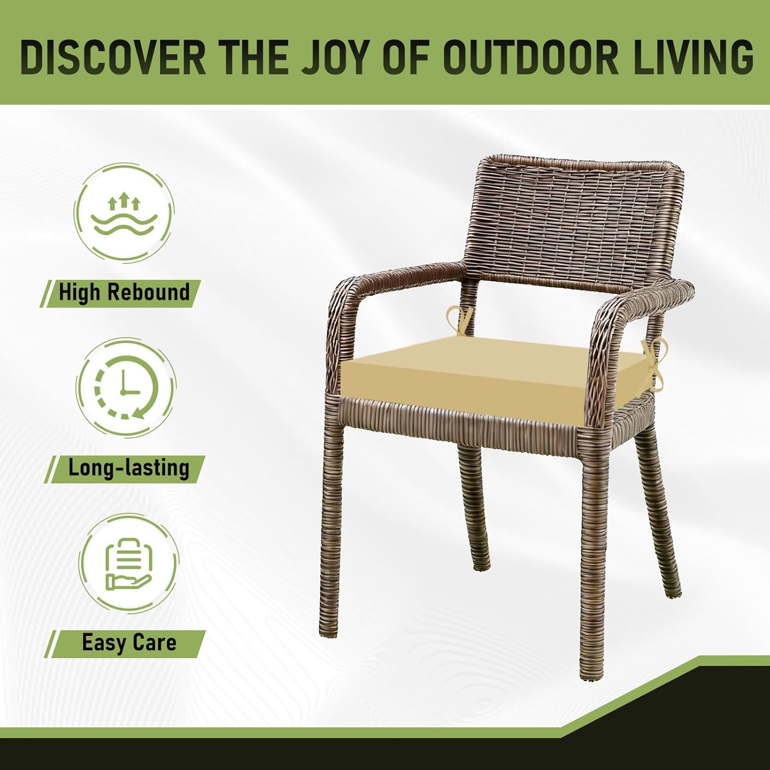 Basic Beyond Outdoor Chair Cushions Set of 4, Square Corner Outdoor Cushions for Patio Furniture, Water Resistant Patio Chair Cushions with 2 Ties, 18.5x16x3, Khaki