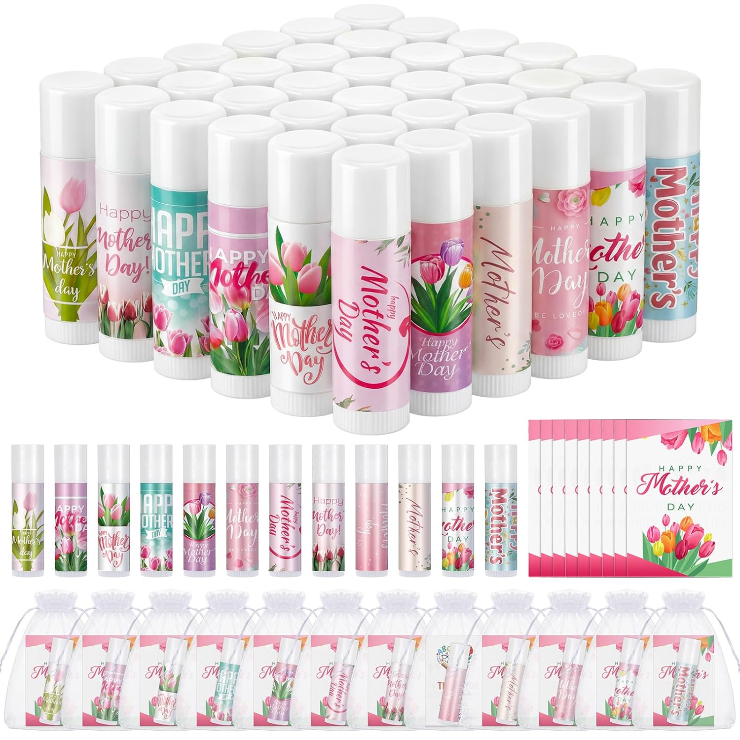 36 Set Mothers Day Gift for Women Bulk Tulip Lip Balm Happy Mothers Day Card Organza Bag Set Mom Thank You Appreciation Gift Idea for Grandmother Birthday Church Party Supplies Favor Souvenir