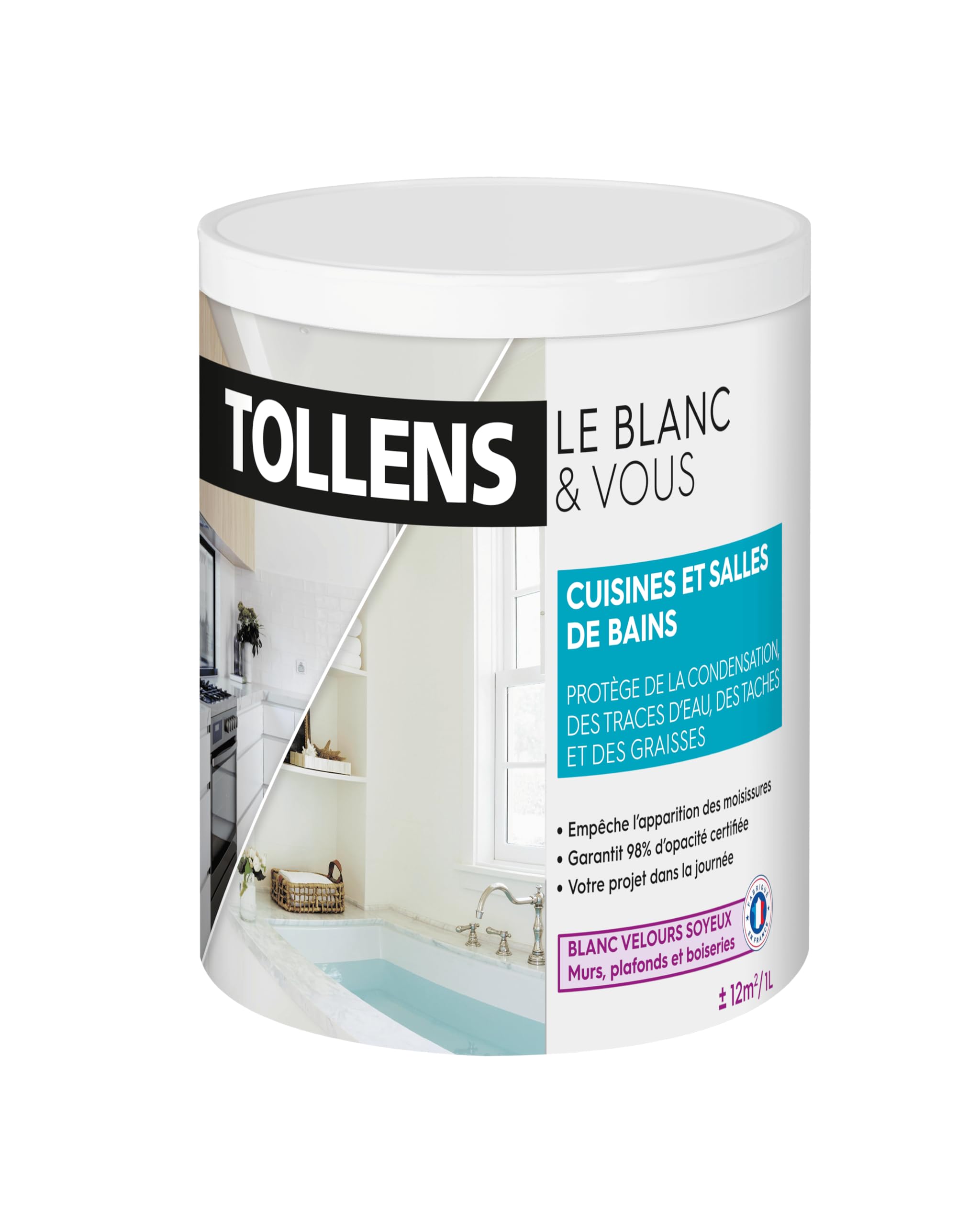 TOLLENS - Peinture Blanche Cuisines et Salle de bain - Résiste à l'Humidité et aux Moisissures - Velours - Blanc 1L = 12m2