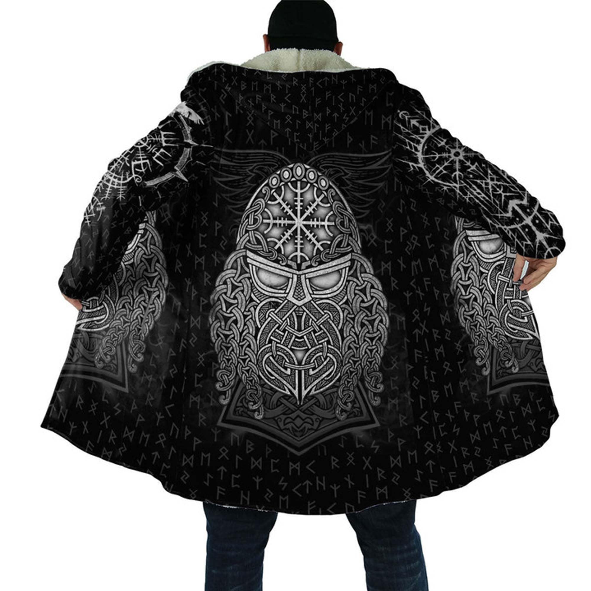 Viking Odin Hombres Invierno Poncho con capucha, cremallera completa engrosada Chaqueta con capucha caliente, de lana de imitación Parka Abrigo Chaqueta Casual Abrigo Bata