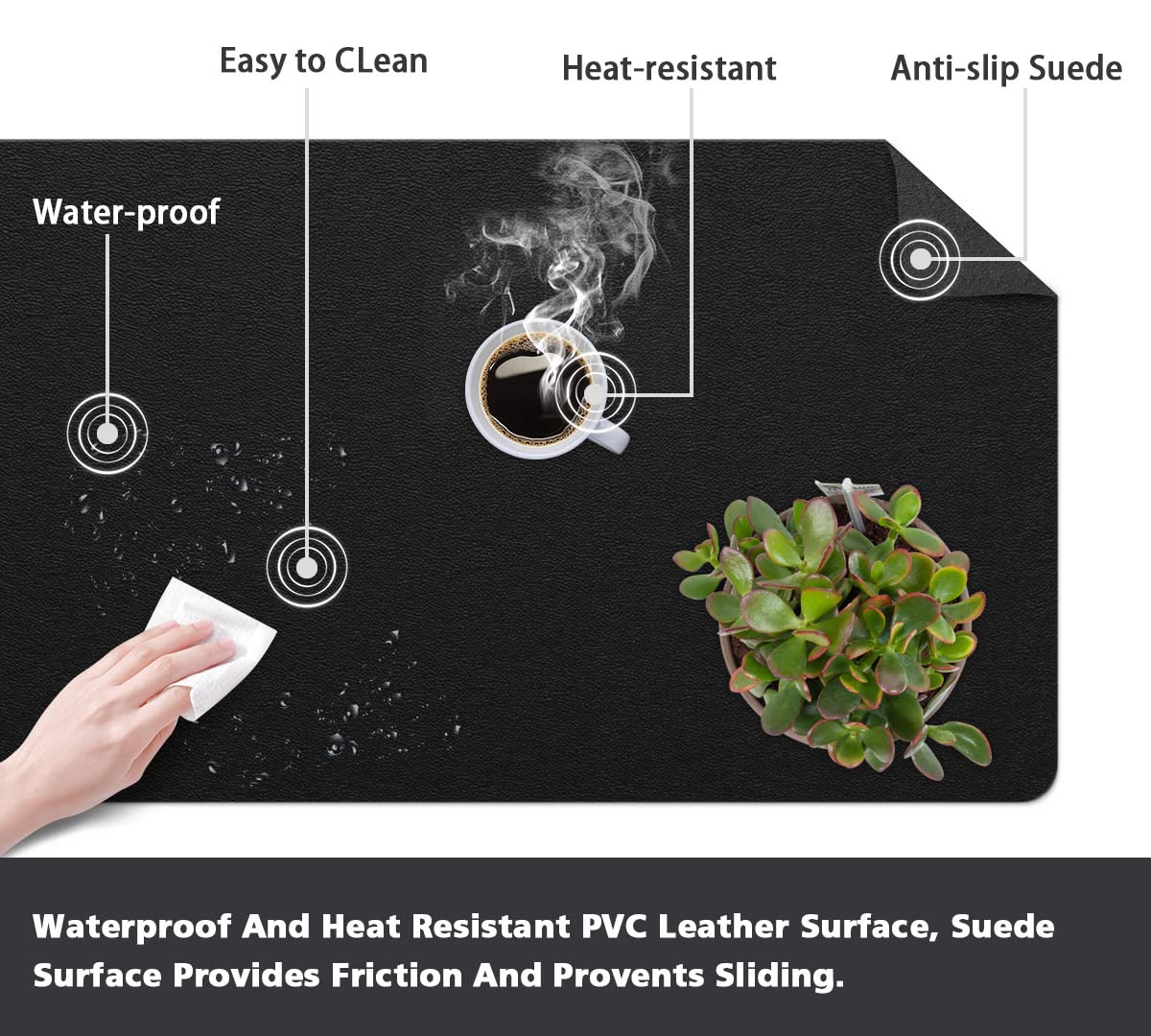 Extra große Schreibtischunterlage aus Leder mit Wildlederunterseite, Büromatte für Zuhause, wasserdicht, rutschfest, PVC, Schwarz, 61 x 91,4 cm