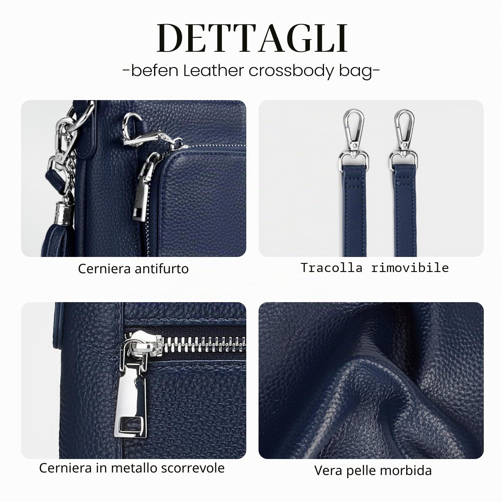 befen Borsa a Tracolla da Donna in Vera Pelle con Antifurto, Blocco RFID Borsa da Donna con Portafoglio Integrato, con Tracolla Regolabile e Staccabile