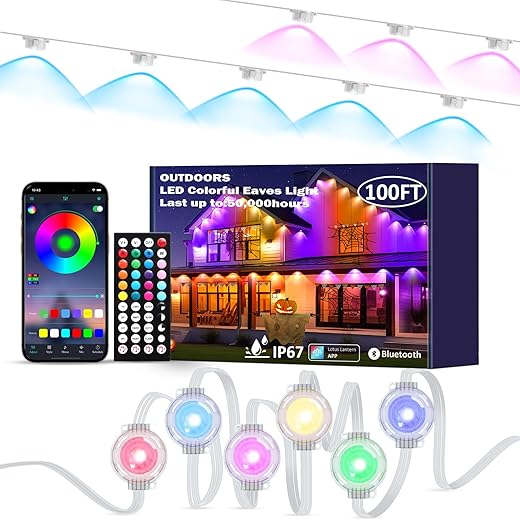 100FT Permanent Outdoor Lights, RGB LED Eaves Lights with APP/Remote Control, IP67 Waterproof LED Outdoor String Lights for Christmas, Halloween, Outdoor, Garden Decor