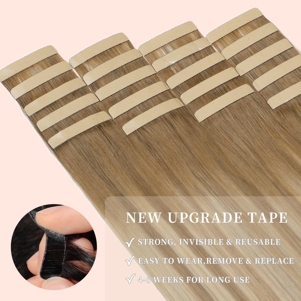 YDDM Extensiones de pelo humano con cinta adhesiva, 20 unidades, 60 cm, 50 g, color marrón claro con rubio dorado — view 4