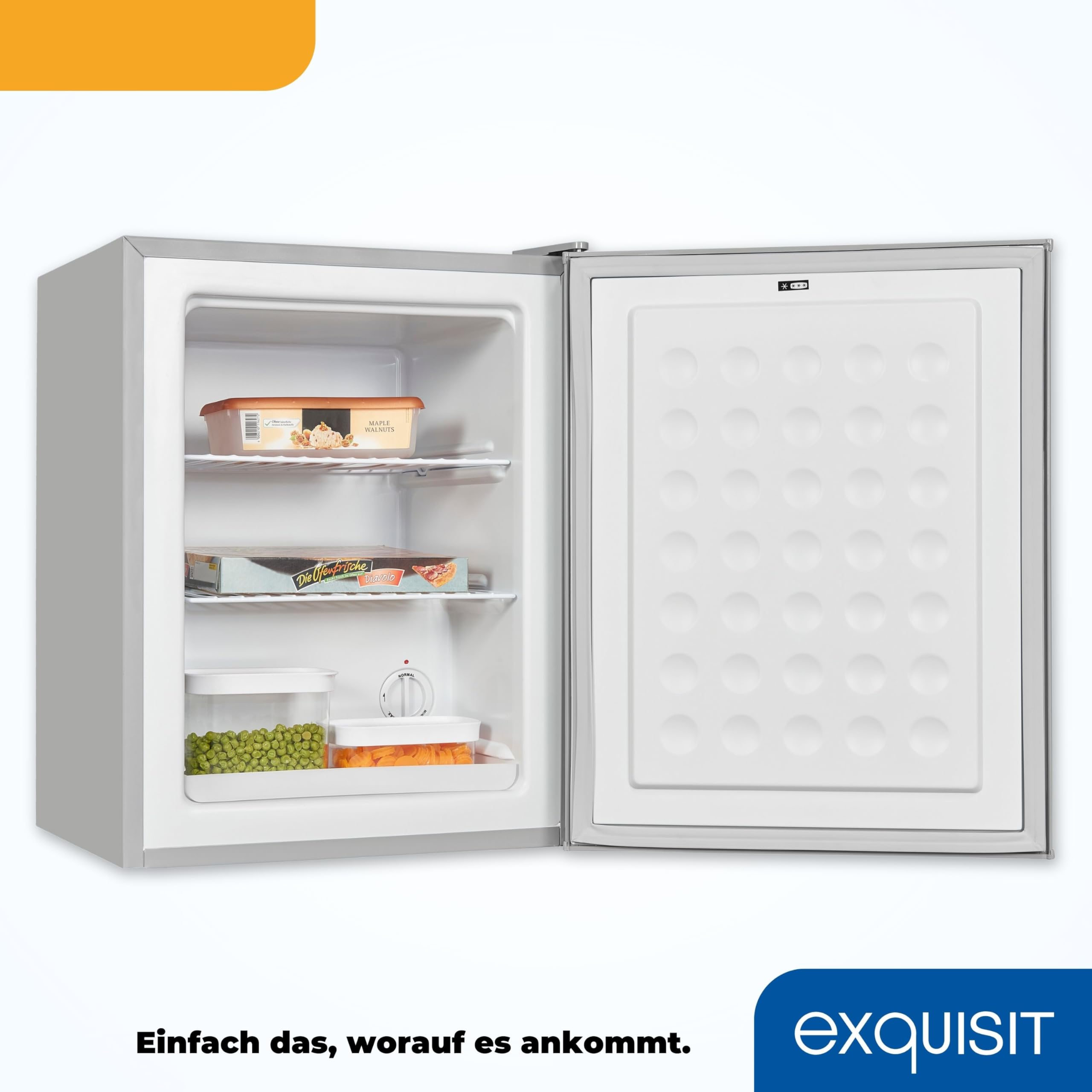 Exquisit GB60-150E Mini Gefrierschrank, 42 l Gefrierbox, Grau | Kompakter Mini-Gefrierschrank für Büro und Gästezimmer, wechselbarer Türanschlag, stufenlose Temperaturregelung, leise