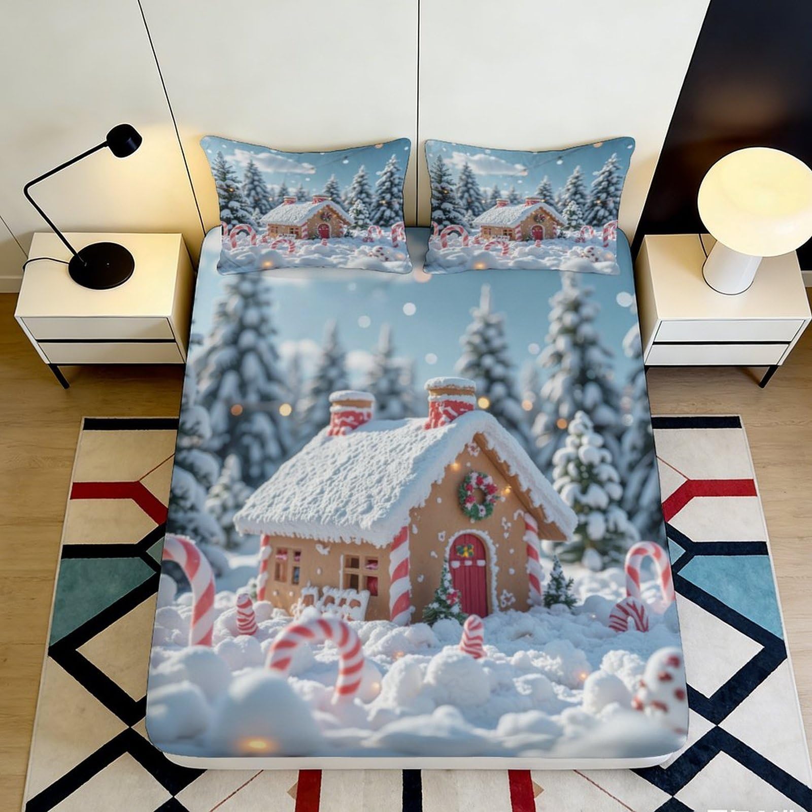 3D Printed Winter Snow Cottage Fitted Sheet Microfiber Soft Breathable Christmas Bed Cover for Bedroom Dormitory Guest Room Mattress Protection 140x200x25cm