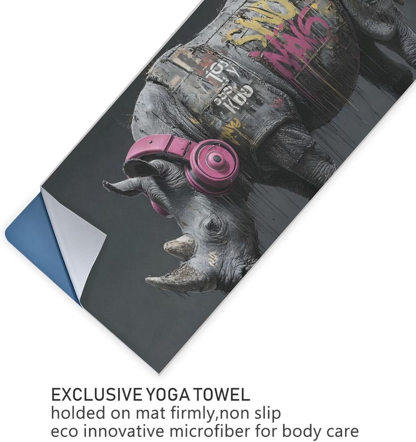 Hot Yoga Towel Rhino Graffiti – Stylish, Non-Slip, Grip Dots, Super Absorbent, 27" x 73" - Yoga Mat Towels for Exercise, Fitness